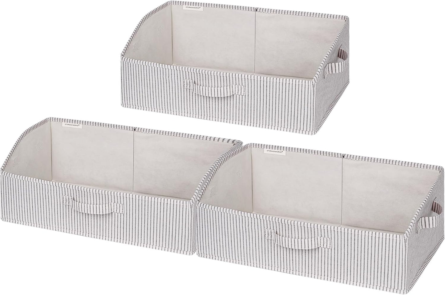StorageWorks Closet Storage Bins, Trapezoid Organizer Box for Shelves, Fabric Clothes Bin, Foldable Organizing Baskets with Handles, Large, Khaki and Beige Stripes, 3-Pack