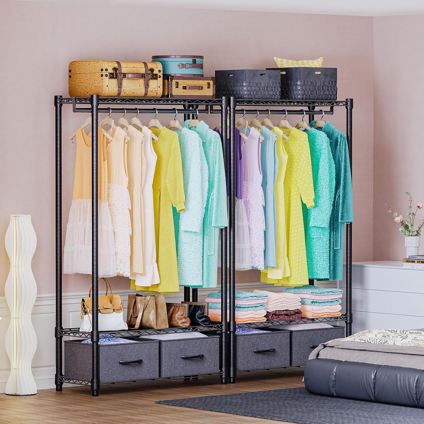 IZEUK Heavy Duty Garment Rack Wire Clothes Rack for Hanging Clothes, Metal Freestanding Closet Wardrobe Rack with 1 Rod and 2 Drawers Dark Grey 15.7" D x 35.5" W x 72.4" H