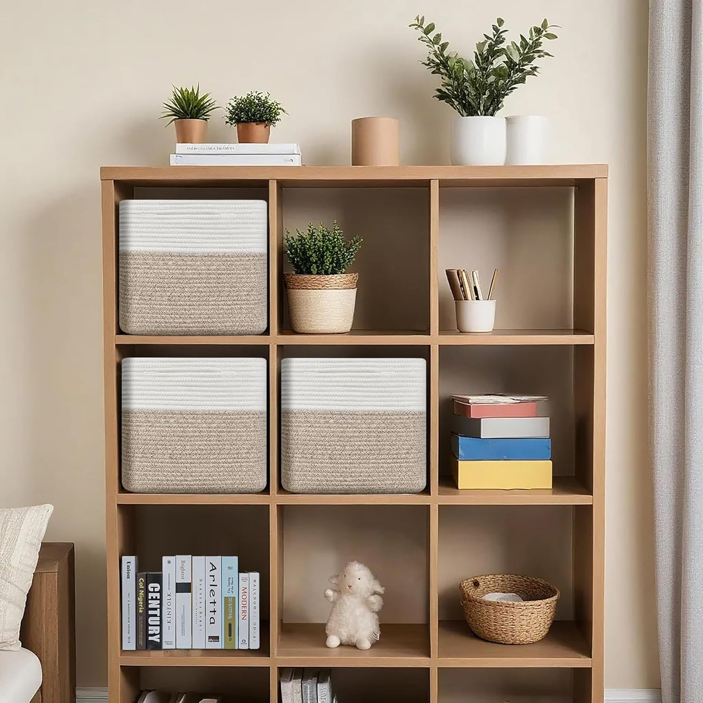 3 Pack Storage Cubes 11 Inch Cotton Rope Woven Baskets for Organizing Cube Bin Square Shelves Organizer,Classroom,Kids Toy Bins,Closet,Baby Nursery(Brown)