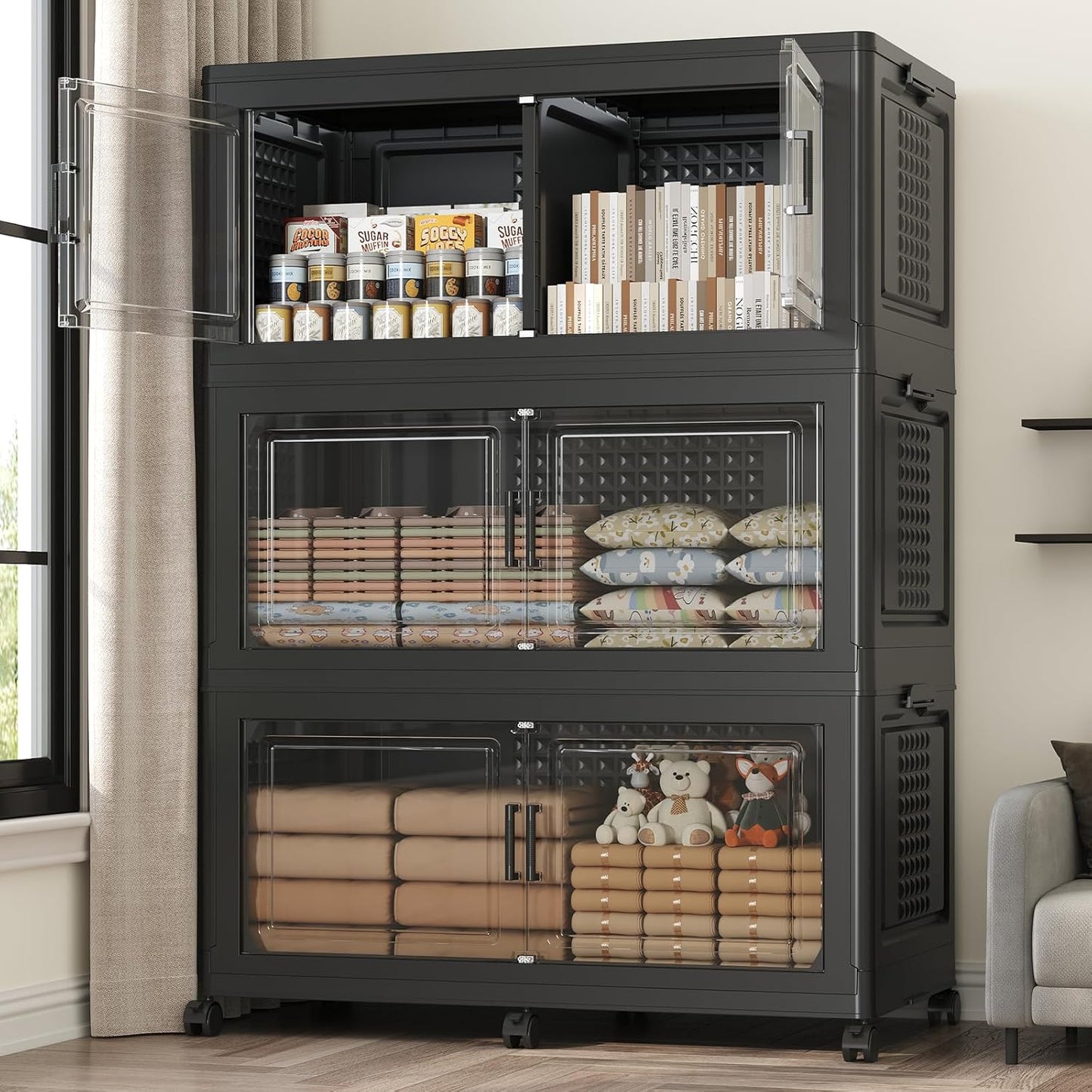 120GAL Extra Large Storage Bins with Lid, 480Qt Stackable Closet Organizers and Drawers, Collapsible Storage Bins with Wheels, Folding Storages Cabinet for Home Bedroom Office, 3Pack Black