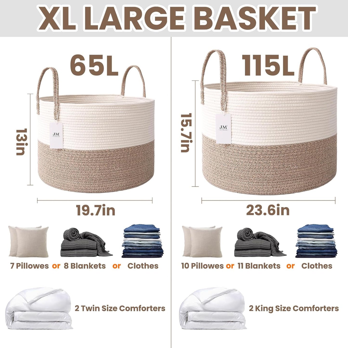 Woven Blanket Basket,65L Large Rope Storage Bin with Handles, Organizer for Blankets Toys Book and Clothes, Laundry Basket for Living Room Bedroom Nursery,White&Brown