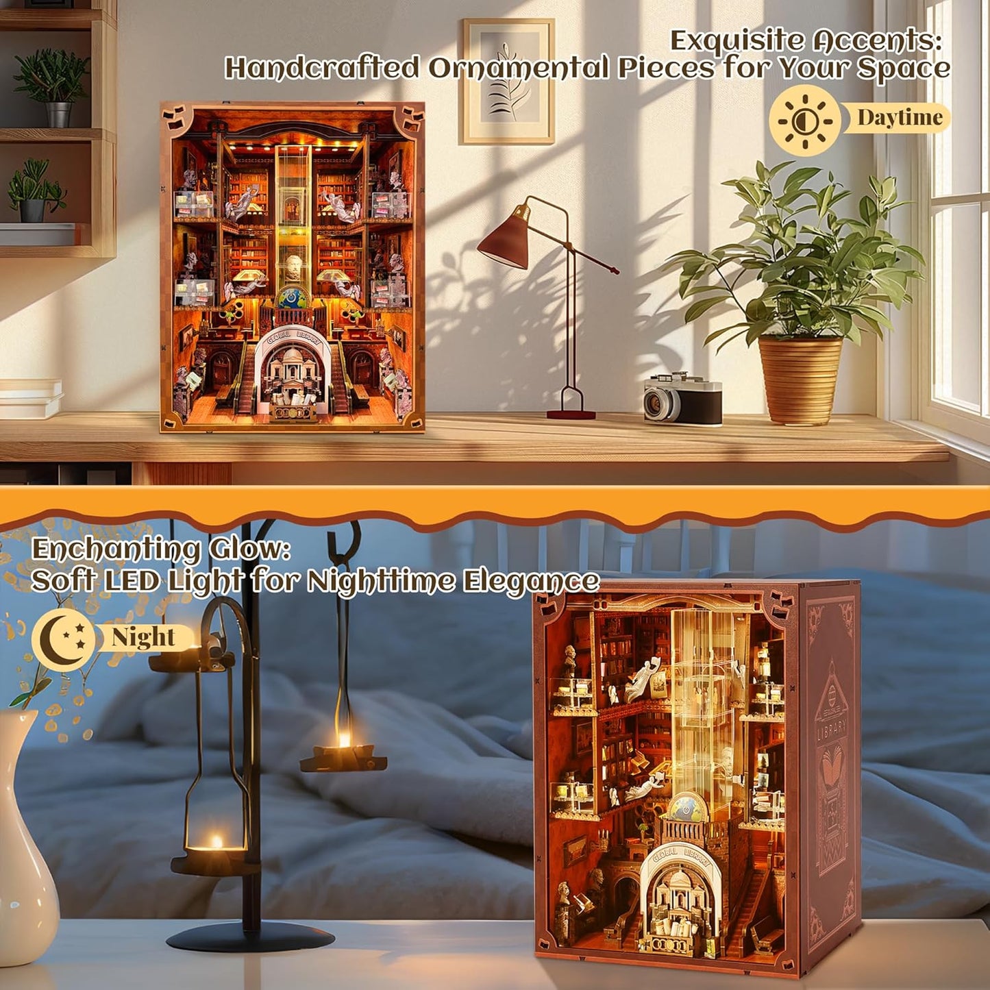 Book Nook Kit, Global Library Booknook with LED Light, DIY Miniature Dollhouse, Dual Power Options (Battery/Type-C), Unique Bookshelf Decor, Gift for Adults and Teens