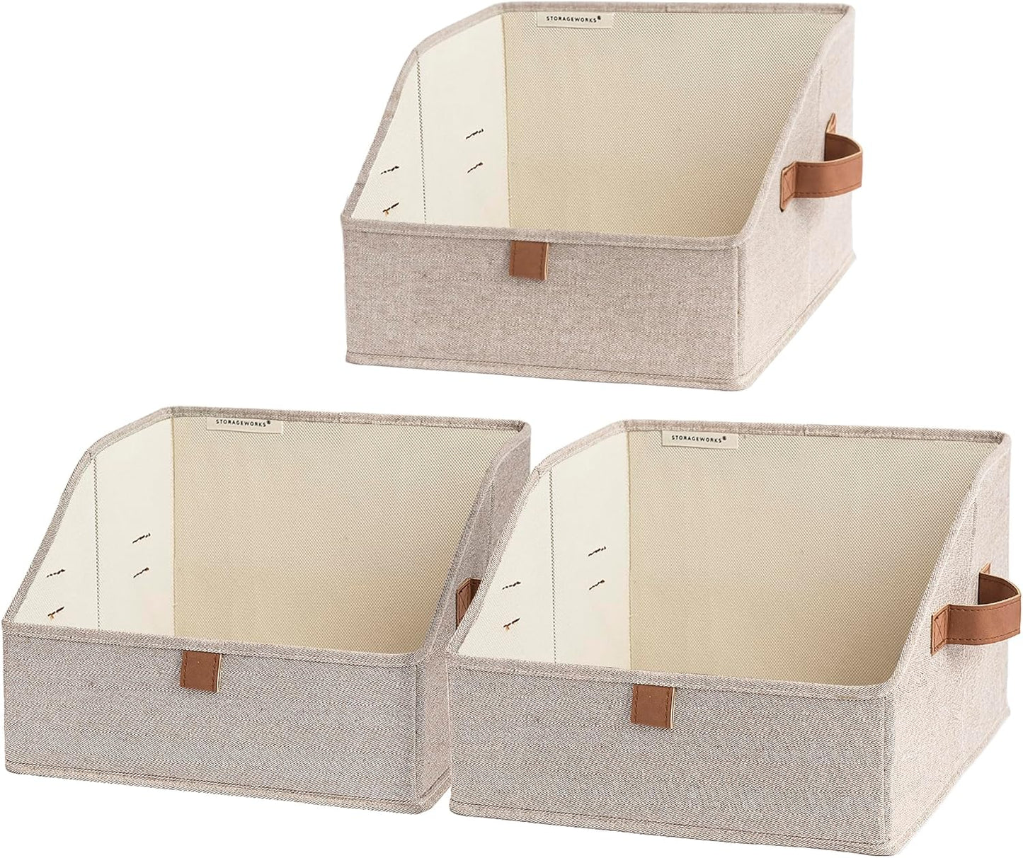 StorageWorks Closet Storage Bins, Trapezoid Organizer Box for Shelves, Fabric Clothes Bin, Foldable Organizing Baskets with Handles, Small, Brown and Beige, 3-Pack
