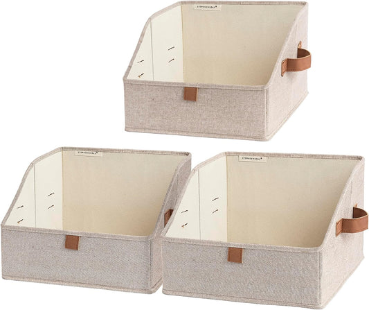 StorageWorks Closet Storage Bins, Trapezoid Organizer Box for Shelves, Fabric Clothes Bin, Foldable Organizing Baskets with Handles, Small, Brown and Beige, 3-Pack