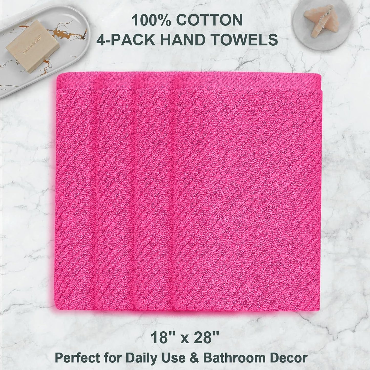 VOOVA & MOVAS Bathroom Hand Towels Set of 4, Large 18"x28" - 100% Cotton | Quick Dry | Light Weight | Thick | Soft | Absorption, Luxury Hand Towels for Showering, Hot Pink Bathroom Decor