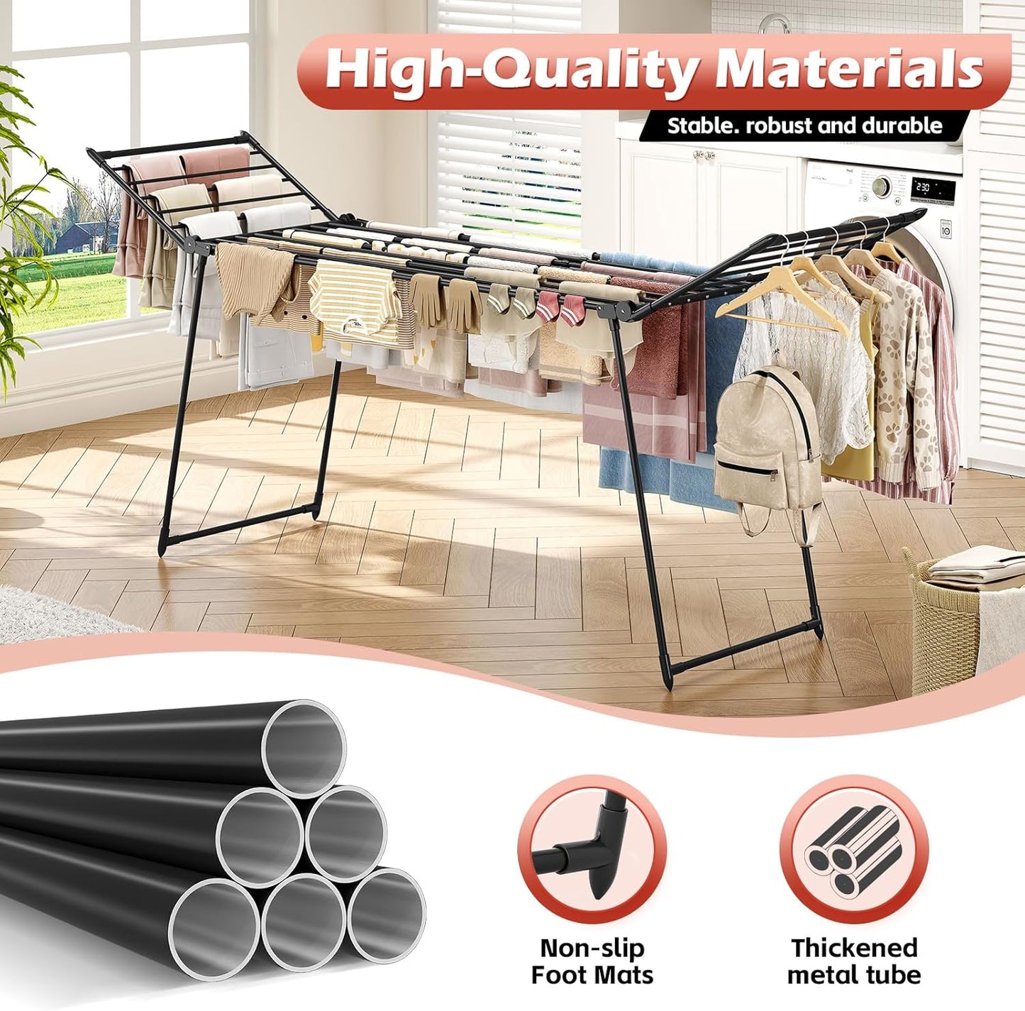 APEXCHASER Clothes Drying Rack Foldable, Large Drying Rack Clothing Retractable, Metal Clothes Airer for Bedding Towel Sweater Heavy Duty, Indoor Outdoor Use, 21.9"W x 100"L x 39"H, No Assembly, Black