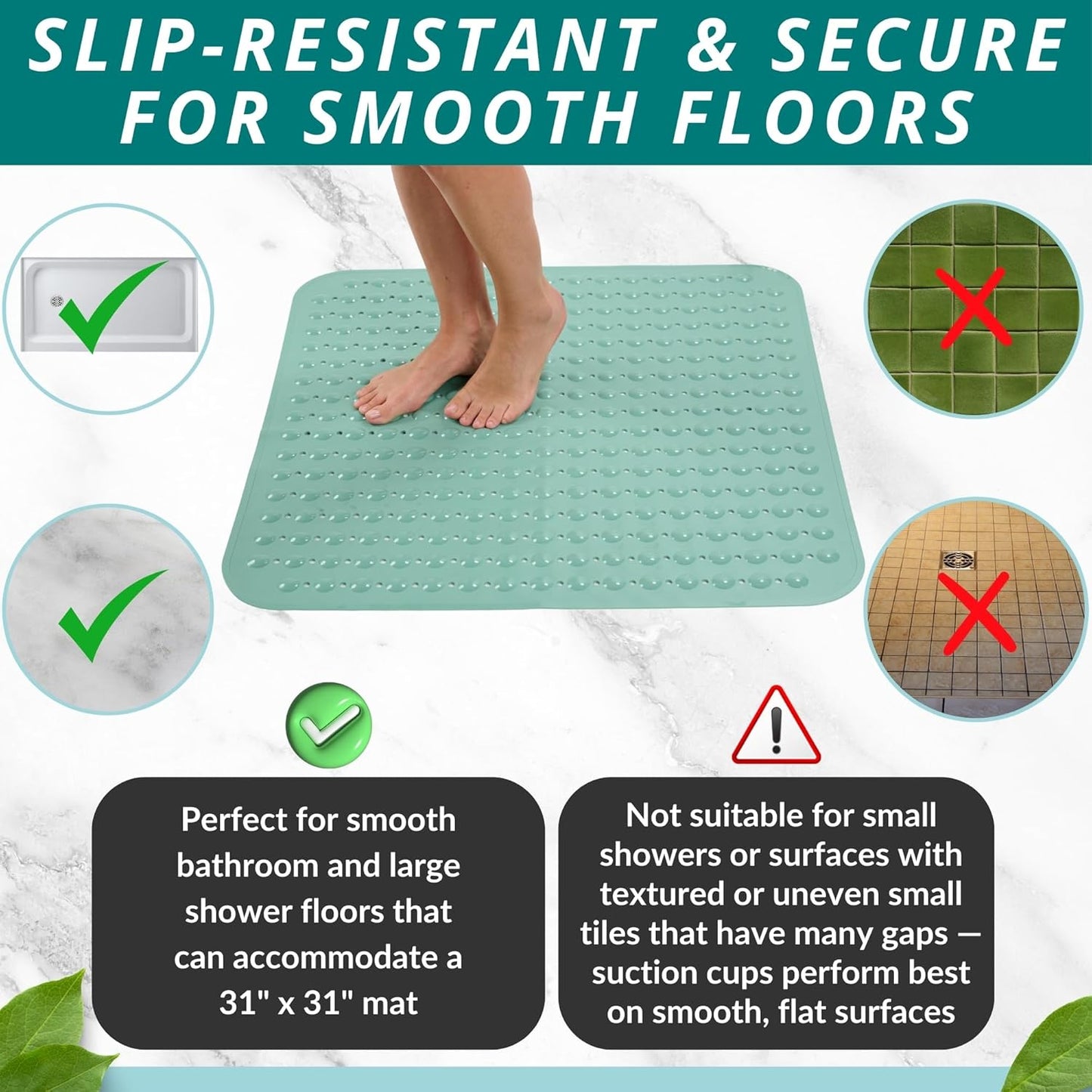 ENKOSI Extra Large Square Non Slip Shower Mat - 31 x 31-inch XL Bathroom Shower Mat - Square Shower Matts for Shower Stall Floors | Secure Suction Cups and Drain Holes (31x31 Aqua Green)