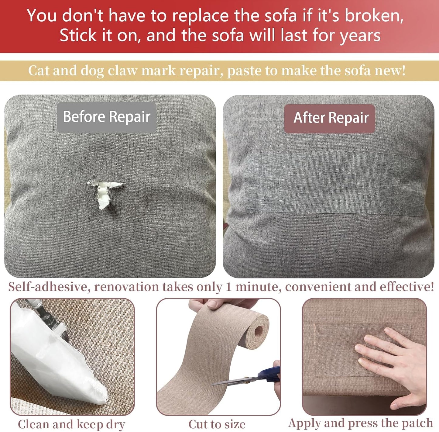 Linen Repair Tape 4x70 Inch Self-Adhesive Couch Patch Repair Fabric Patch for Furniture,Sofas,Cushion,Chairs,Bags,Linen Goods(Dark Grey)