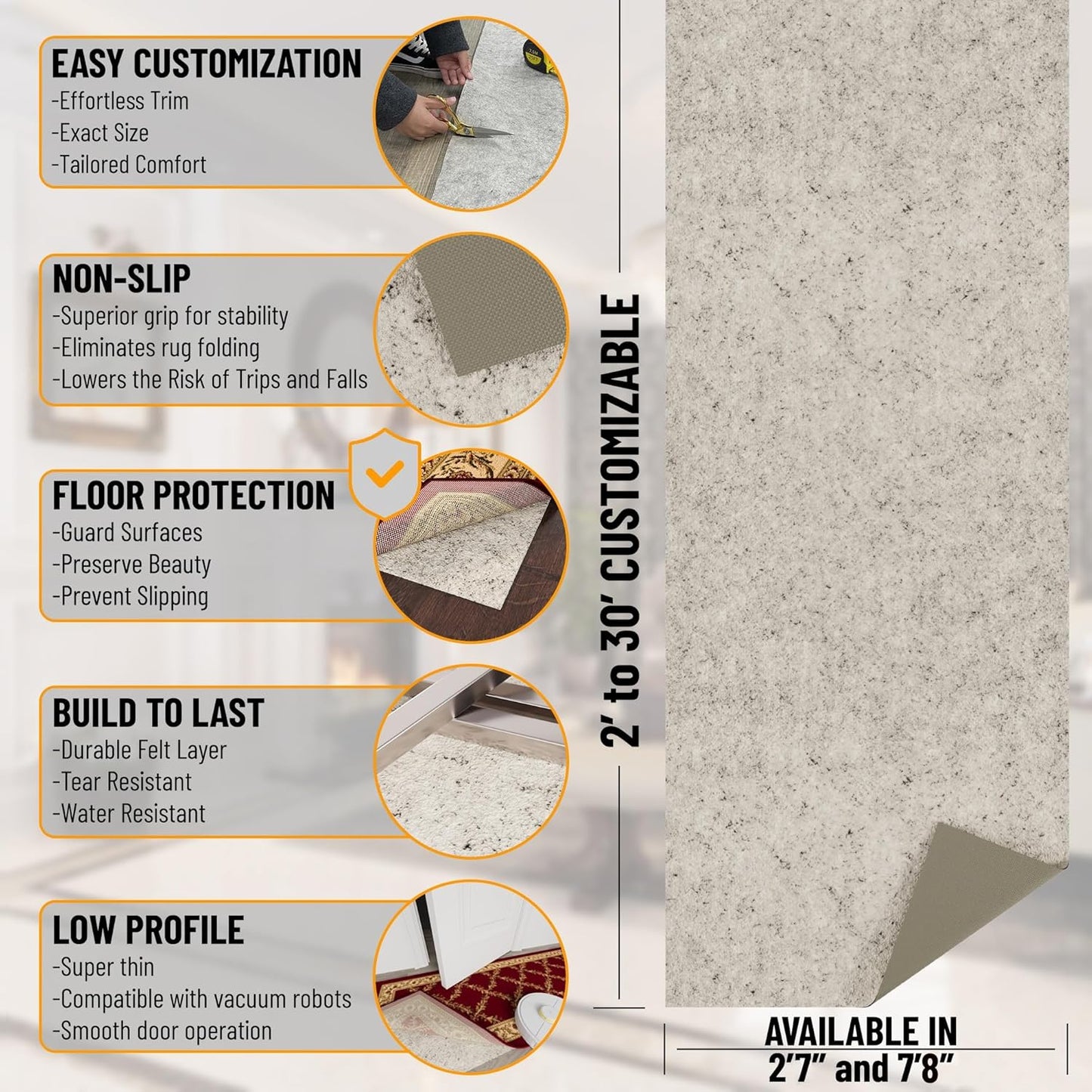 Ottomanson 7'8" x 10' Non-Slip Rug Pad Gripper 1/12 Inch Ultra Thin Dual Surface Felt + Rubber Gripper - Safe for All Floors, Cream