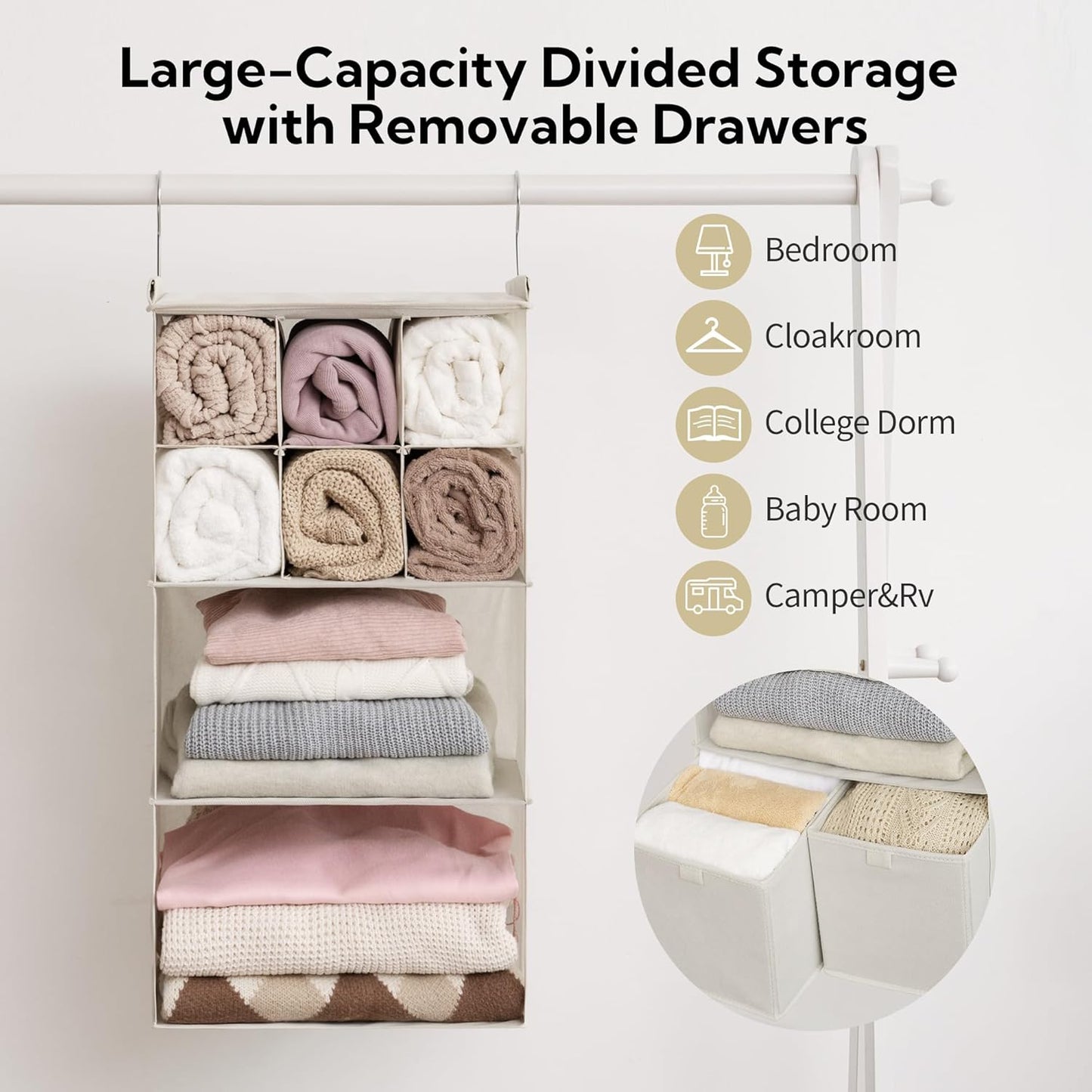 GRANNY SAYS Hanging Closet Organizer with Drawers, 4 Shelf Dividers Closet Hanging Organizer, Foldable Hanging Shelves for Clothes Organizer, Small Closet Organizers and Storage, Beige