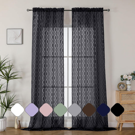 Aiyufeng Extra Long Sheer Curtains 96 Inches Long for Bedroom 2 Panels Set, Farmhouse Black Wavy Line Light Filtering Clip Jacquard Solid Voile Living Room Curtains, Dual Rod Pocket, 40"Wx96"L Inches