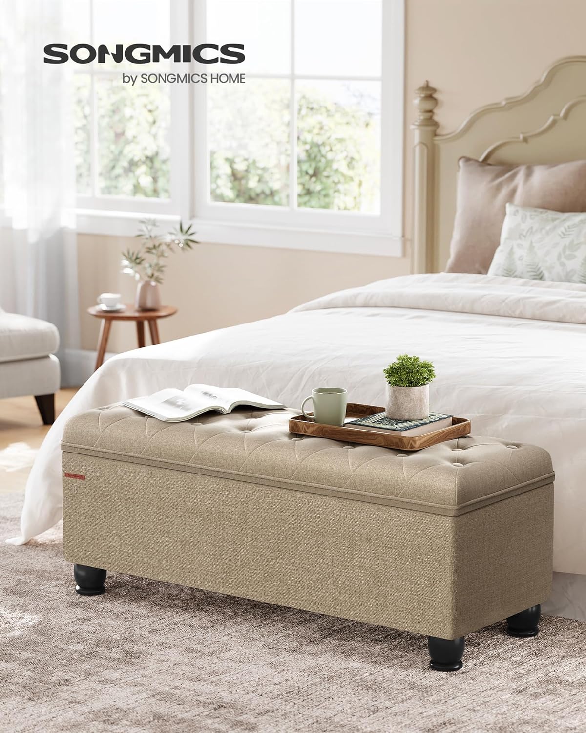 SONGMICS Storage Ottoman, Storage Bench, Tufted Entryway Bedroom Bench, 17.7 x 46.5 x 17.7 Inches, Hinges Easy Lid Operation, Wooden Legs, Linen-Look Cover, Loads 330 lb, Camel Brown ULOM070K01
