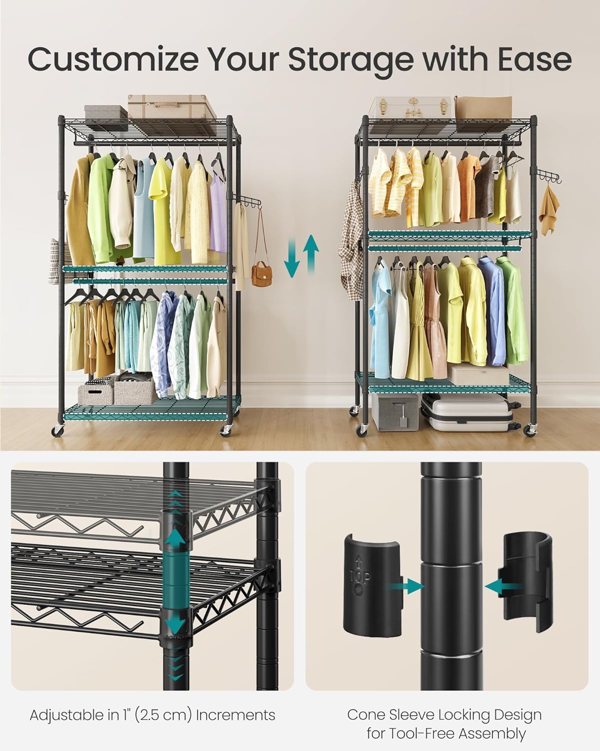 SONGMICS Heavy-Duty Rolling Clothes Rack, Garment Rack, Portable Closet, 35.4-Inch Wide Clothing Rack on Wheels, with Adjustable Mesh Shelves and Hanging Rails, Hooks, Ink Black ULGR413B01