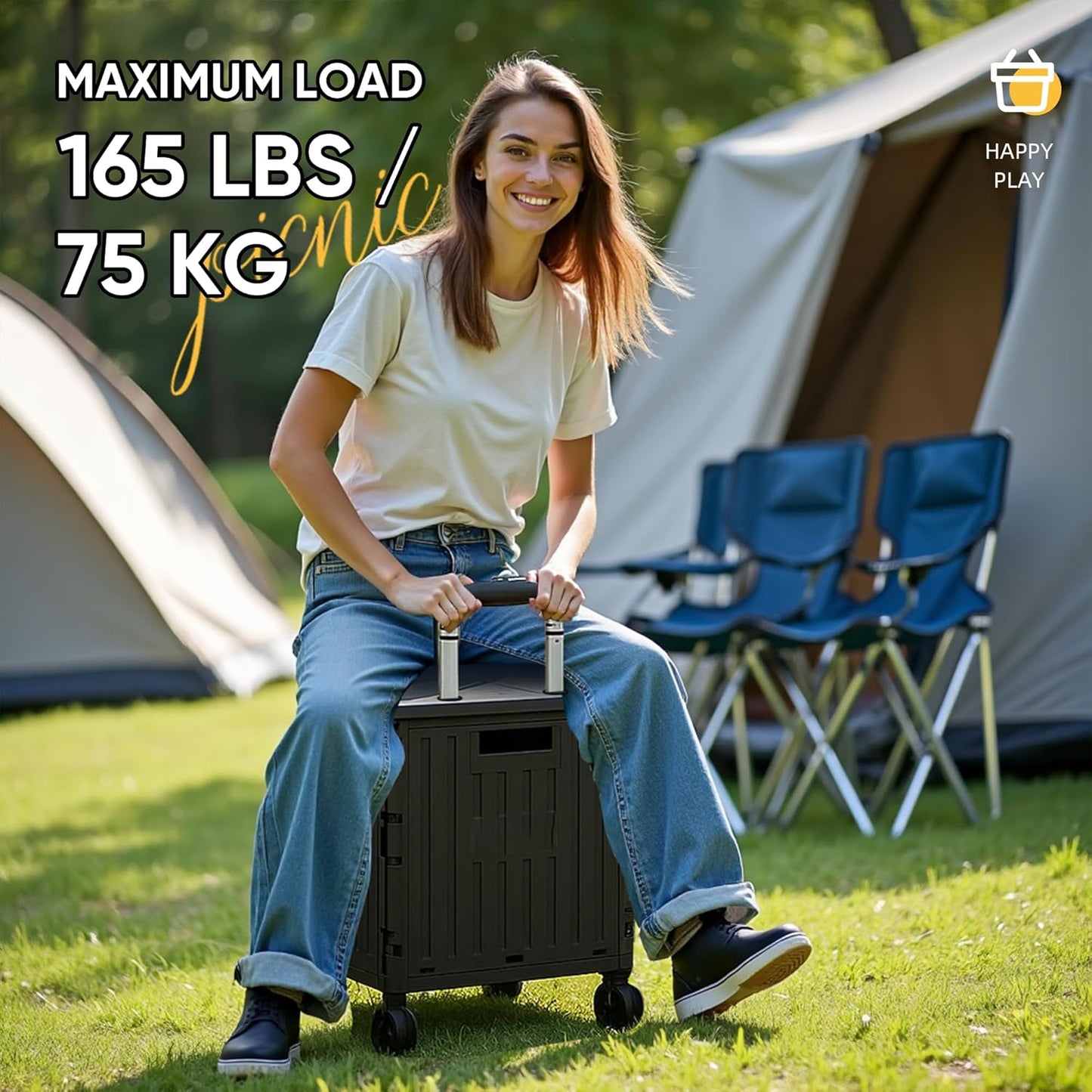 VUSIGN Folding Utility Cart, Foldable Rolling Crate Handcart with Lid, Portable Collapsible Shopping Trolley Tool Box, 4 Rotate Wheels for Grocery, Office, Travel, Teacher, Luggage, Black