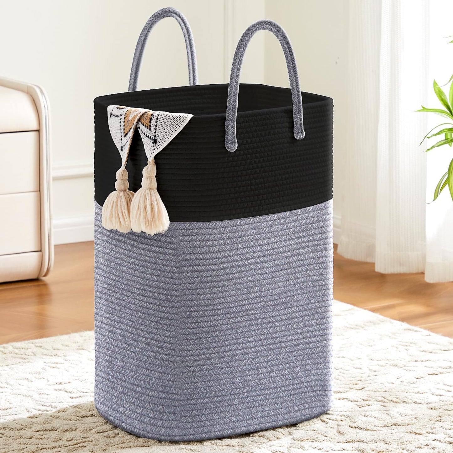 Laundry Basket,Woven Cotton Rope Laundry Hamper,Versatile Storage for Dirty Clothes,Baby Toys,and Blankets in Bathroom, Nursery,and Living Room (Black, 80L)