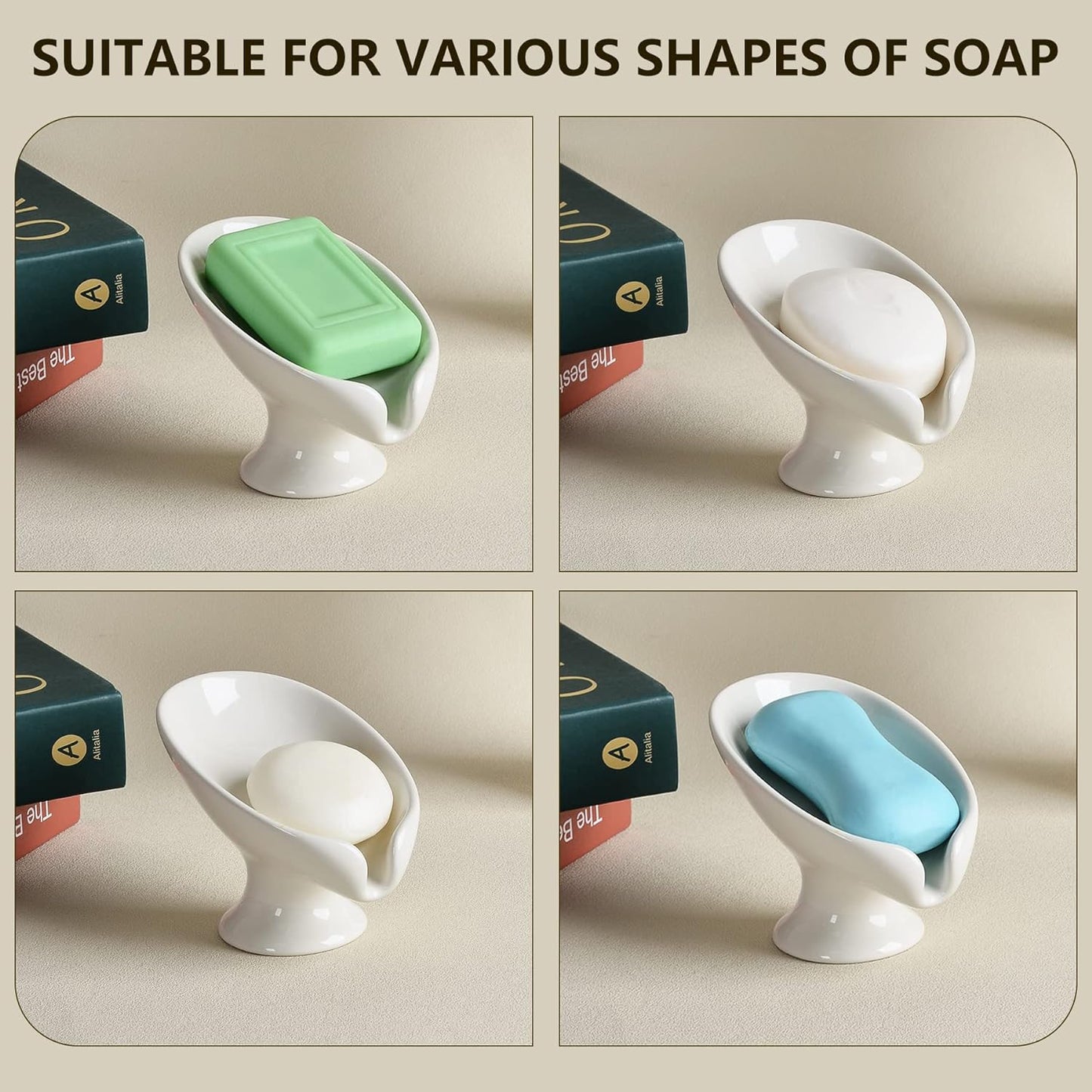 Soap Dish Set, Self Draining Bar Soap Holder for Bathroom Sink, Leaf Shaped Drainage Soap Dish Ceramic White Porcelain Decorative Soap Dishes 2PCS, ANTIS'S HOME