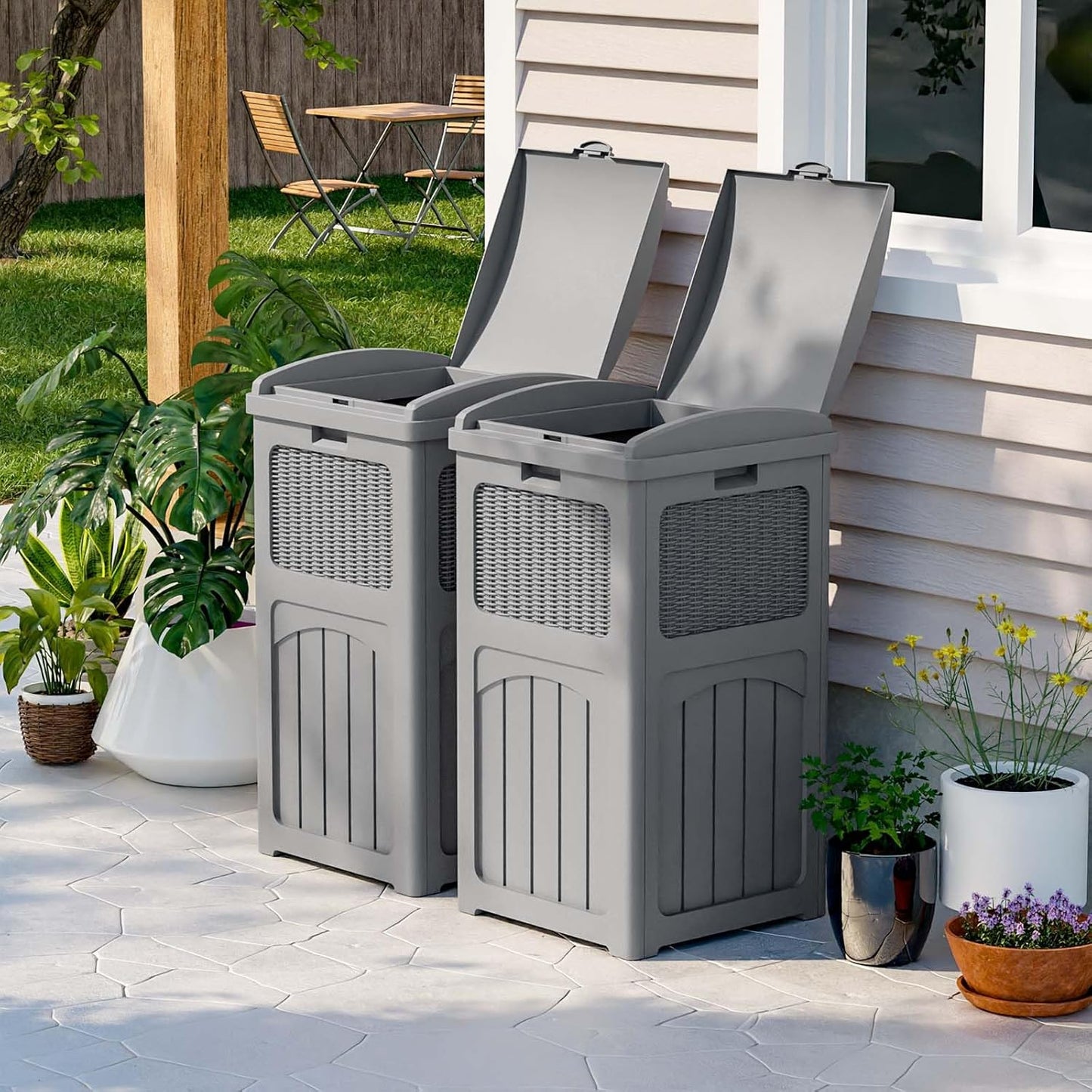 Patiowell 36 Gallon Outdoor Trash Can, Resin Outdoor Garbage Can with Lid for Patio, Backyard, Deck, Gray (2 Pack)
