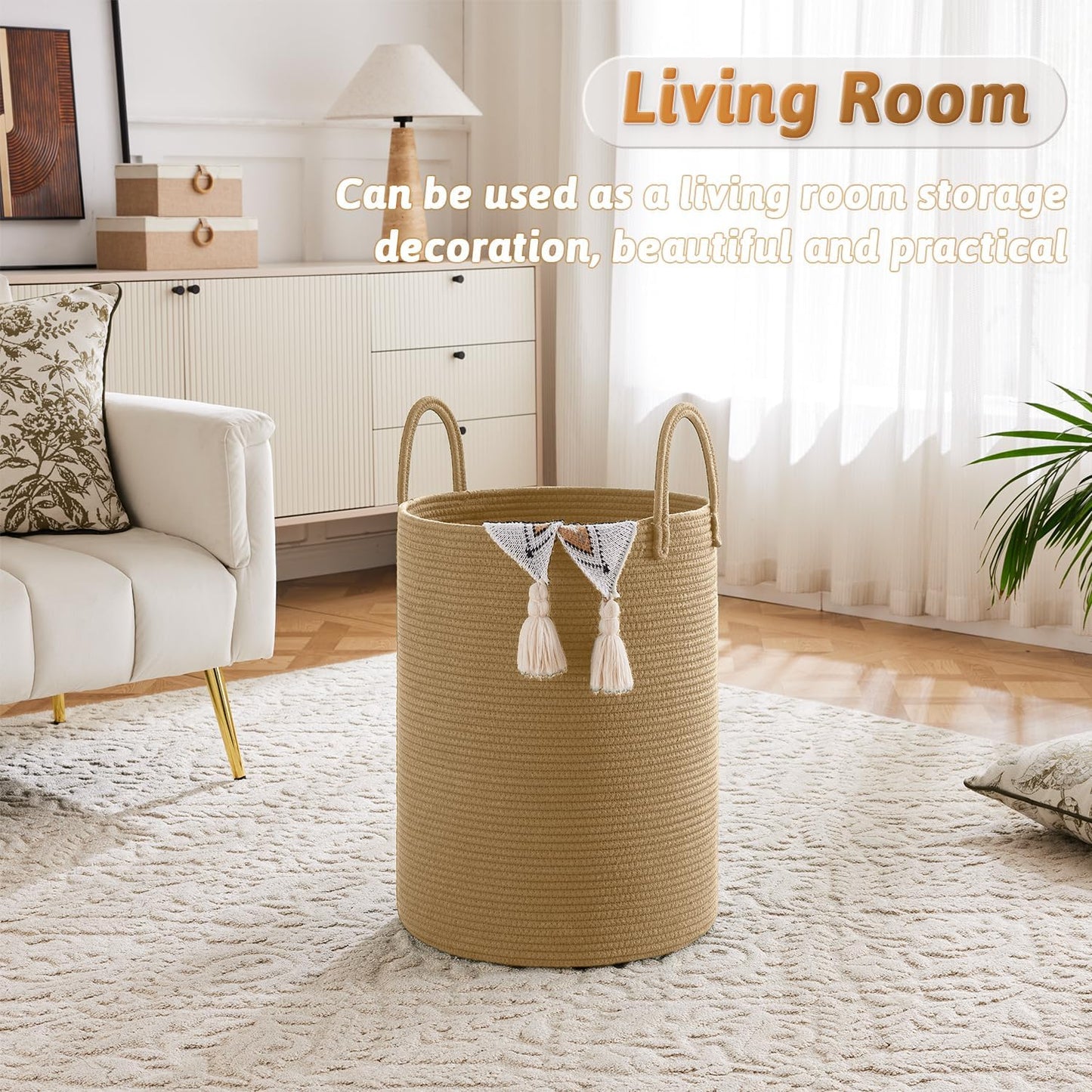 Laundry Basket,Woven Cotton Rope Laundry Hamper,100L for Decorative Storage of Dirty Clothes,Toys and Blankets in Bathroom,Baby Room and Living Room