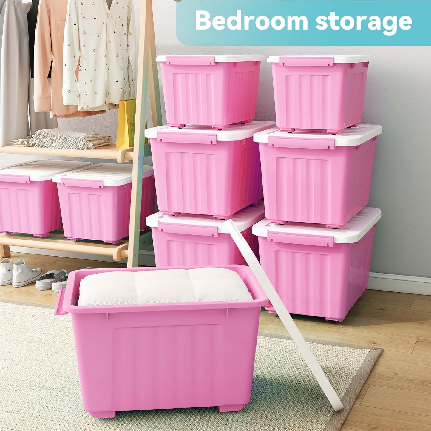 Nazhura Plastic Storage Bin, Stackable and Nestable Storage Boxes with White Lids and Secure Latching Buckles, Large Storage Container (Pink/White, 72Quart-6Pack)