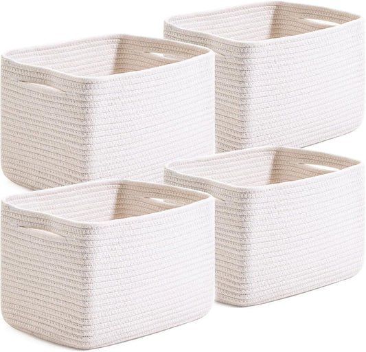White Storage Baskets for Organizing, Woven Storage Baskets for Shelves, Cotton Rope Basket for Storage, Cute Rectangular Book Toy Basket, 12.7"×9.1"×7.9", 4 Packs, Off White