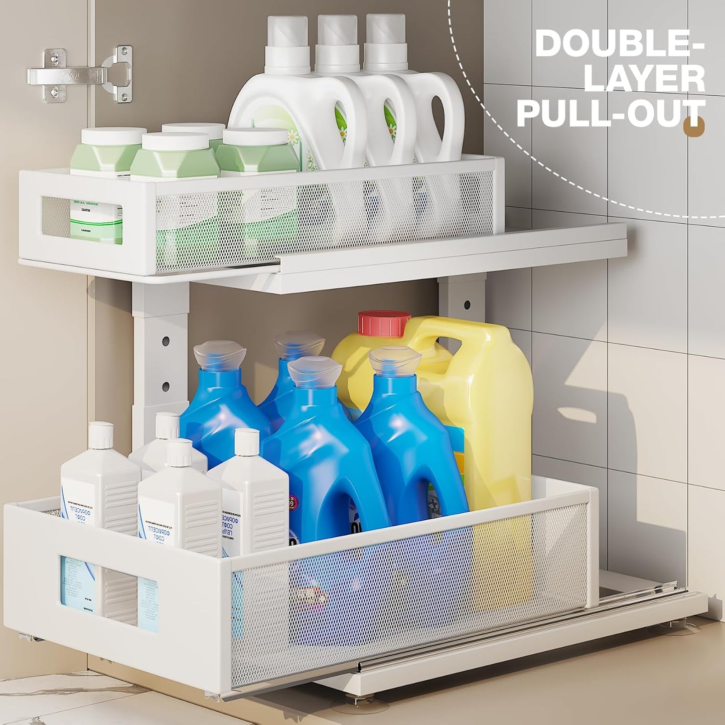 2 Pack Under Sink Organizer With Next-Gen Ball-Bearing Slides,2-Tier Pull Out Cabinet Storage,Height Adjustable Drawer Shelf for Bathroom,Kitchen,Laundry,Cabinet,Pantry(Patent Pending)