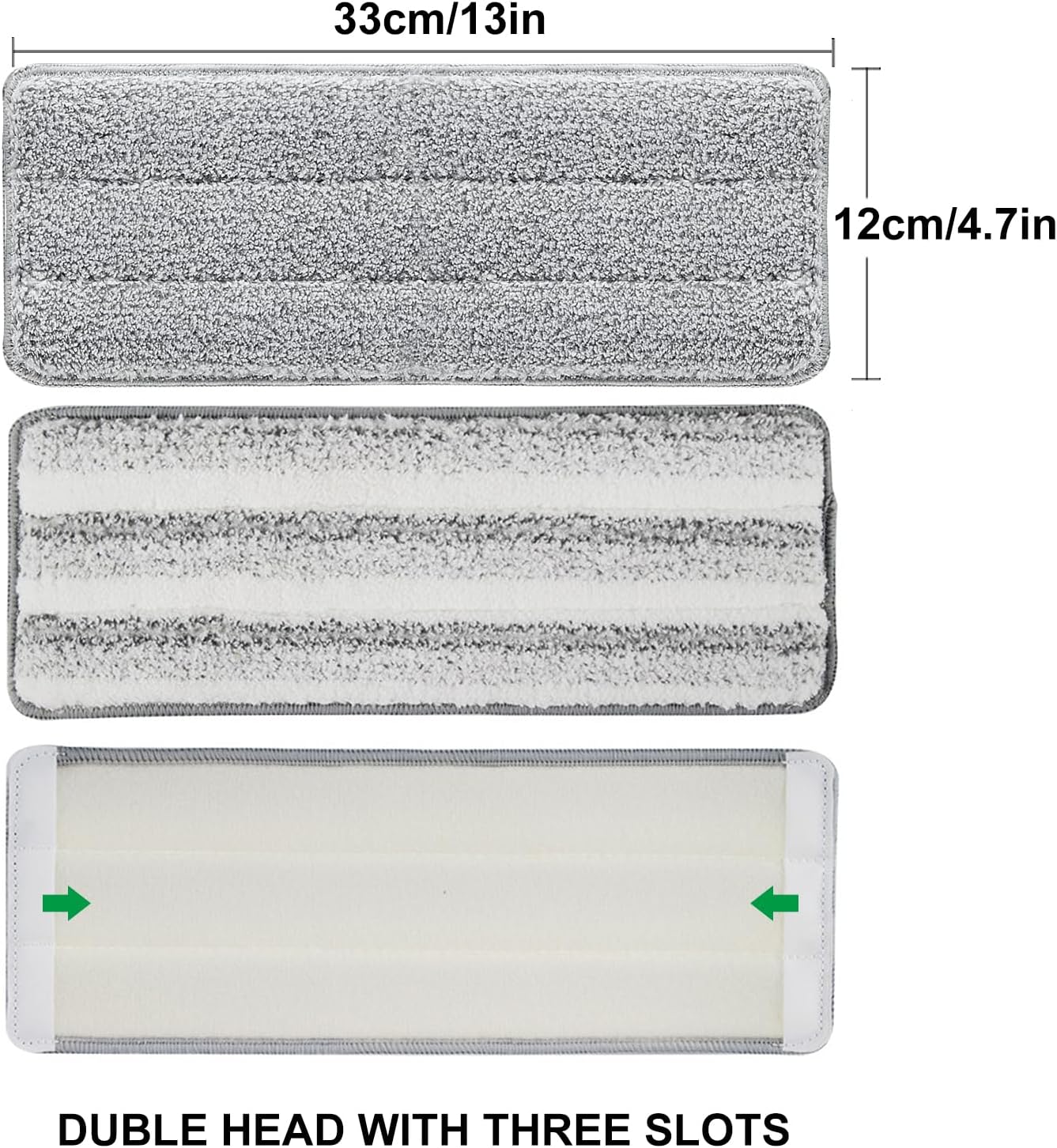 Flat Mop Pads, 3 Pack 13" X 4.9" Microfiber Mop Pad/Refill/Head, Mop Pads Washable Microfiber Squeeze Cleaning Mop Heads Replacement - White and Grey