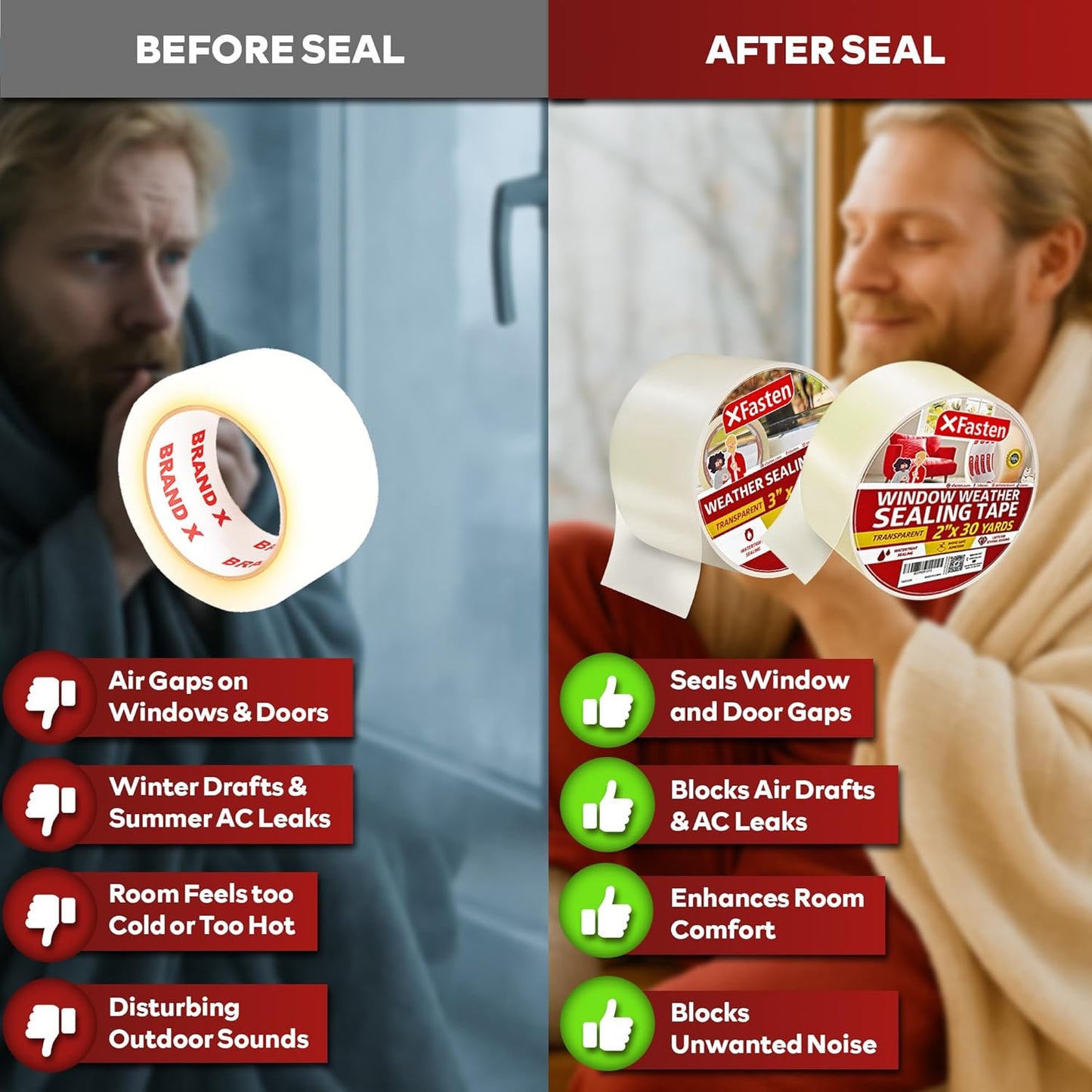 XFasten Transparent Window Weather Stripping Tape 2”x30yds (3-Pack Total 90yds), No Residue Insulation Tape for Windows and Doors, Winter Window Seal