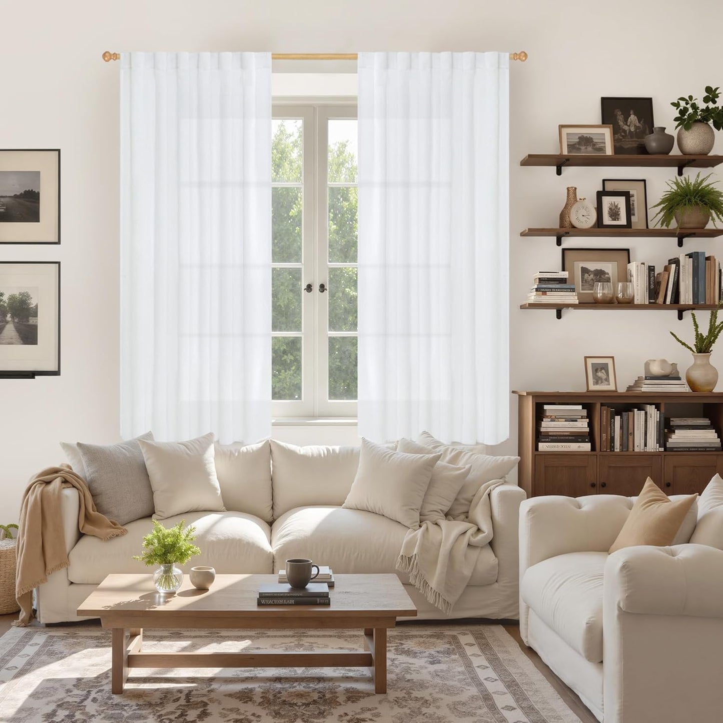 YoungsTex 63 Inch Length White Linen Curtains 2 Panels for Living Room, Light Filtering Drapes Semi Sheer with Rod Pocket Back Tab Lightweight for Bedroom, 52 X 63 Inch