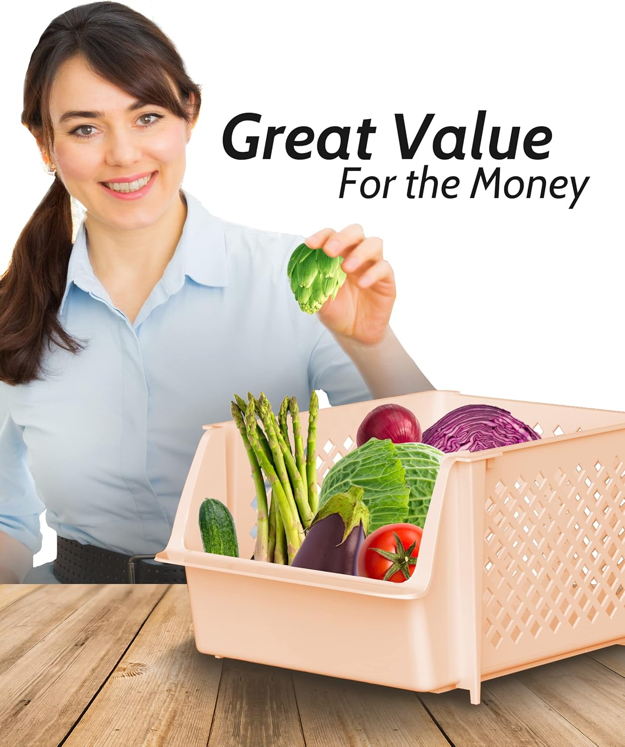 Skywin Plastic Stackable Storage Bins for Pantry - 2 Pack Stackable Bins For Organizing Food, Kitchen, and Bathroom Essentials (Cream)