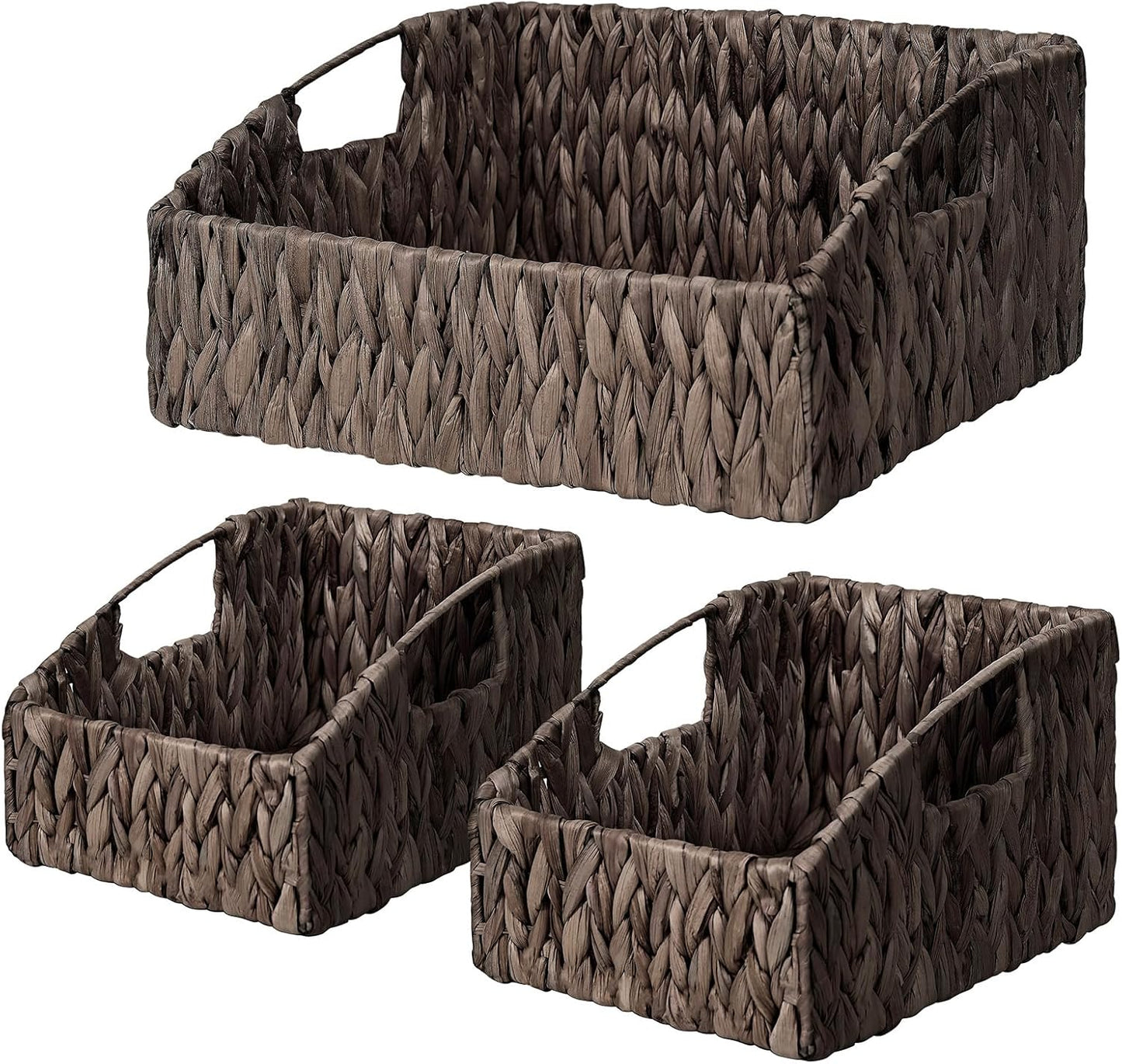 Ollieroo Natural Water Hyacinth Storage Baskets, Handwoven Wicker Storage Bins with Built-in Handles, Storage Container Baskets for Shelves, Bedroom, Bathroom, Laundry Room or Kitchen(Black)