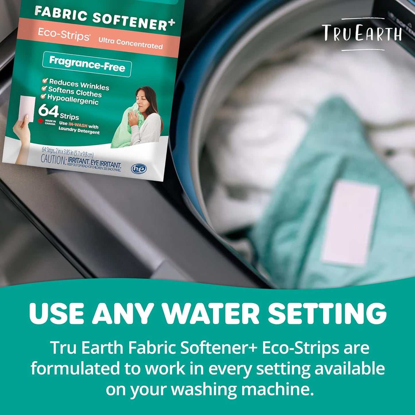 Tru Earth Fabric Softener Strips for Washing Machine, Alternative to Fabric Softener Liquid and Pods, Unscented Fragrance Free, Up to 128 Loads Per 64-Count