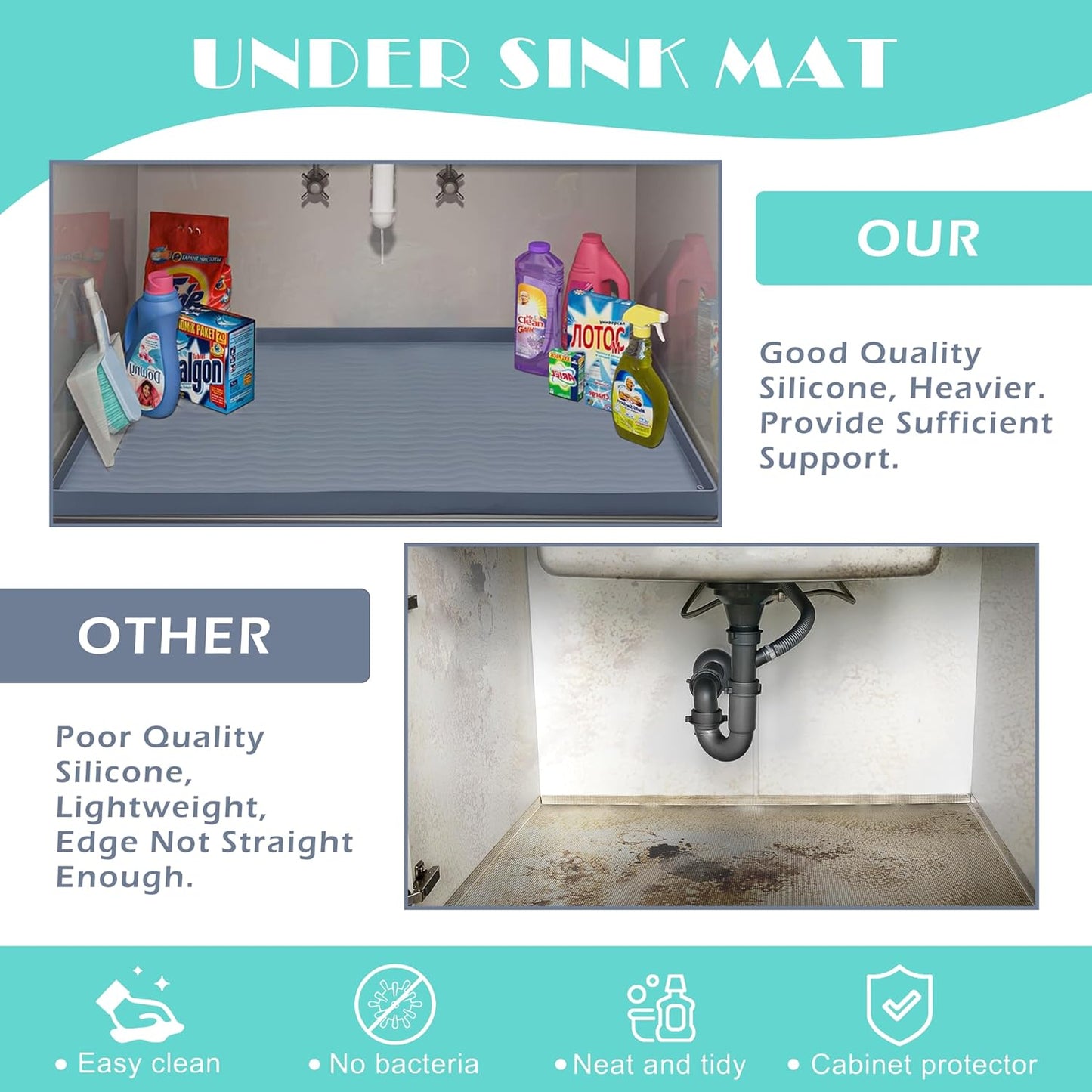 URMONA Waterproof Silicone Under Sink Mat 22'' x 19'' Shelf Liner for Kitchen and Bathroom, Cabinet and Counter Protector, Storage and Organizers, Litter Mat, Pet Cat Puppy Essentials(Light Grey)