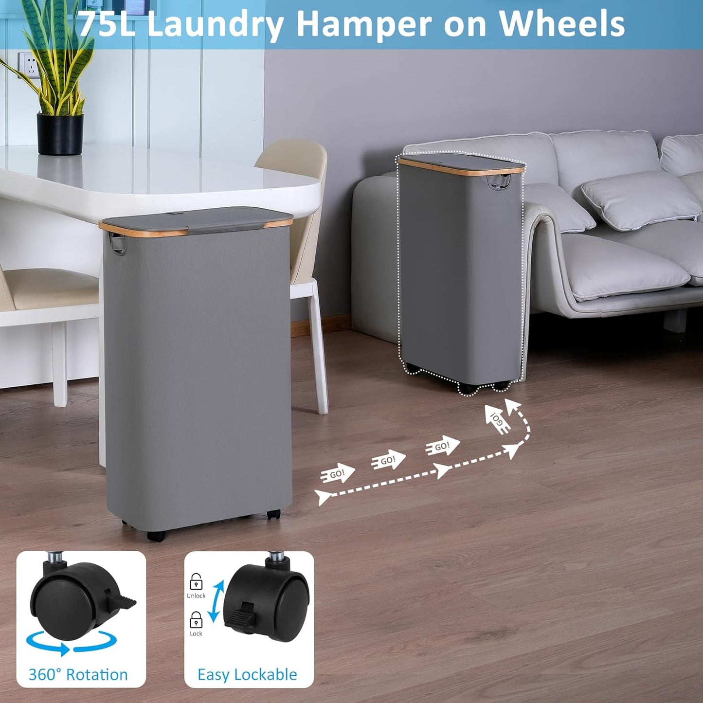 efluky Slim Laundry Basket with Wheels, Narrow Rolling Laundry Hamper with Lid and Removable Bag, Tall Aesthetic Dirty Clothes Hamper on Wheels for Laundry Room, Bedroom, Dorm and Bathroom, 75L Grey