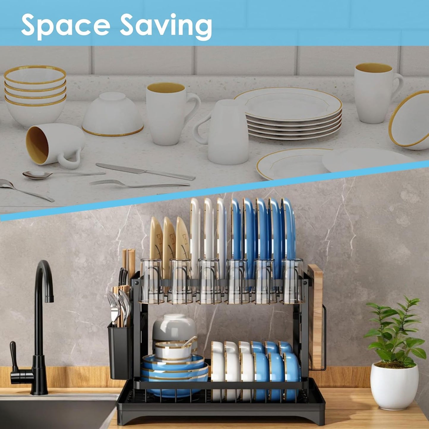 Dish Drying Rack for Kitchen Counter 2 Tier Iron Dish Drainer with Removable Cutlery Basket, Black