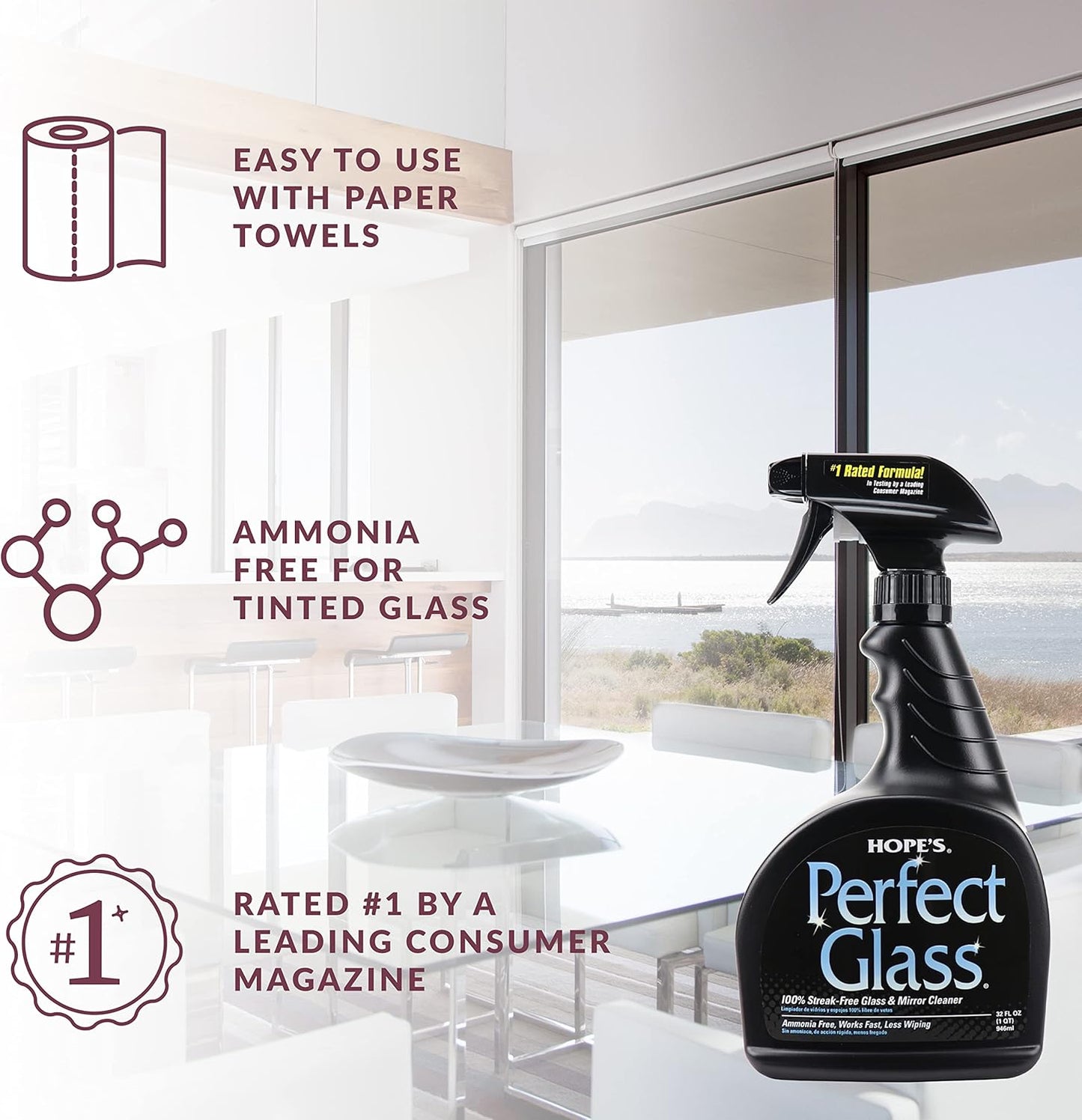 HOPE'S Perfect Glass Cleaner, Streak-Free, Ammonia-Free Window, Mirror, Screen, and Shower Door Cleaner, Indoor and Outdoor Glass Surfaces, 32 Fl Oz Spray Bottle and 67.6 Fl Oz Refill, Pack of 1