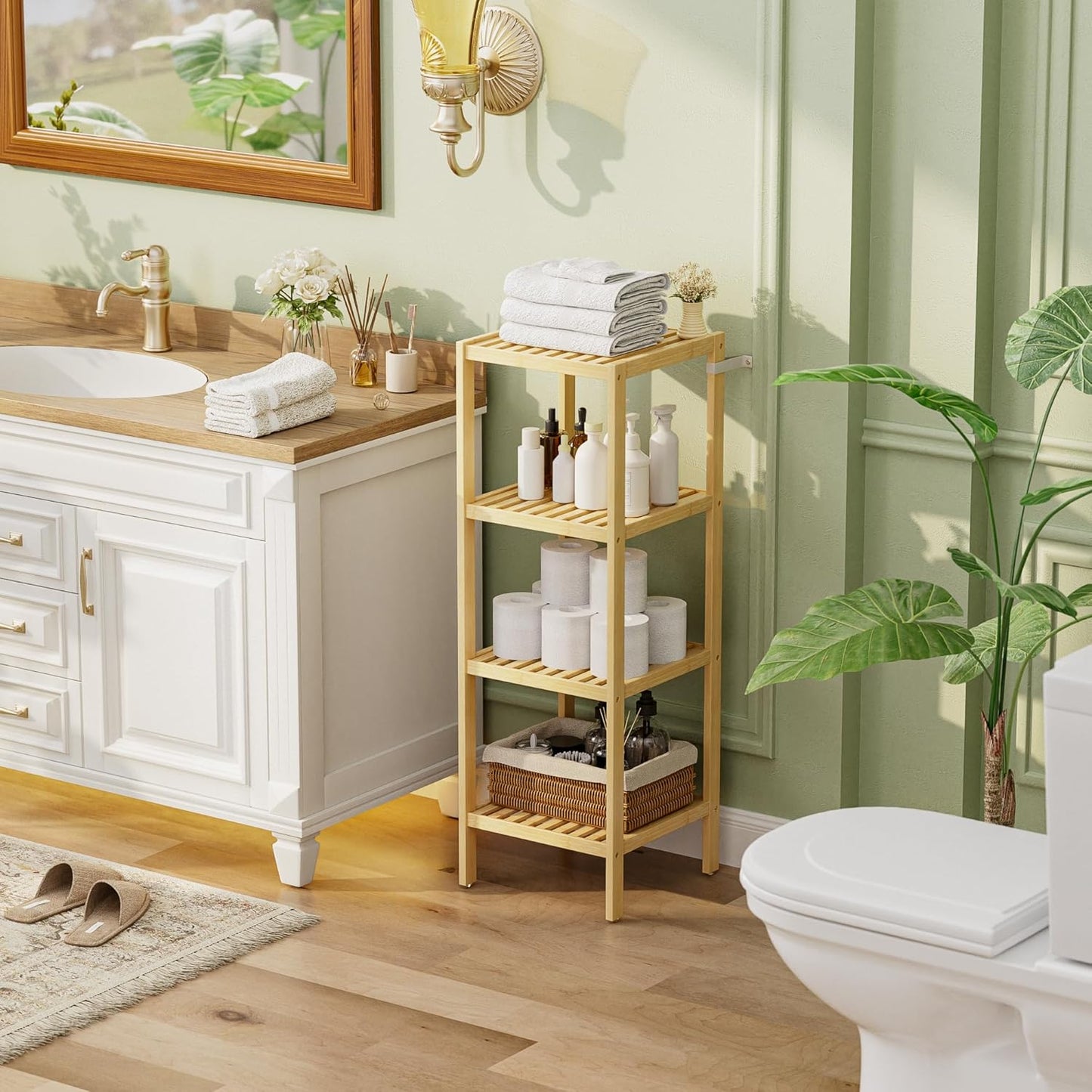 SMIBUY Bathroom Storage Shelf, 4-Tier Bamboo Rack Organizer, Multifunctional Shelving Unit for Living Room Bedroom Kitchen (Natural)