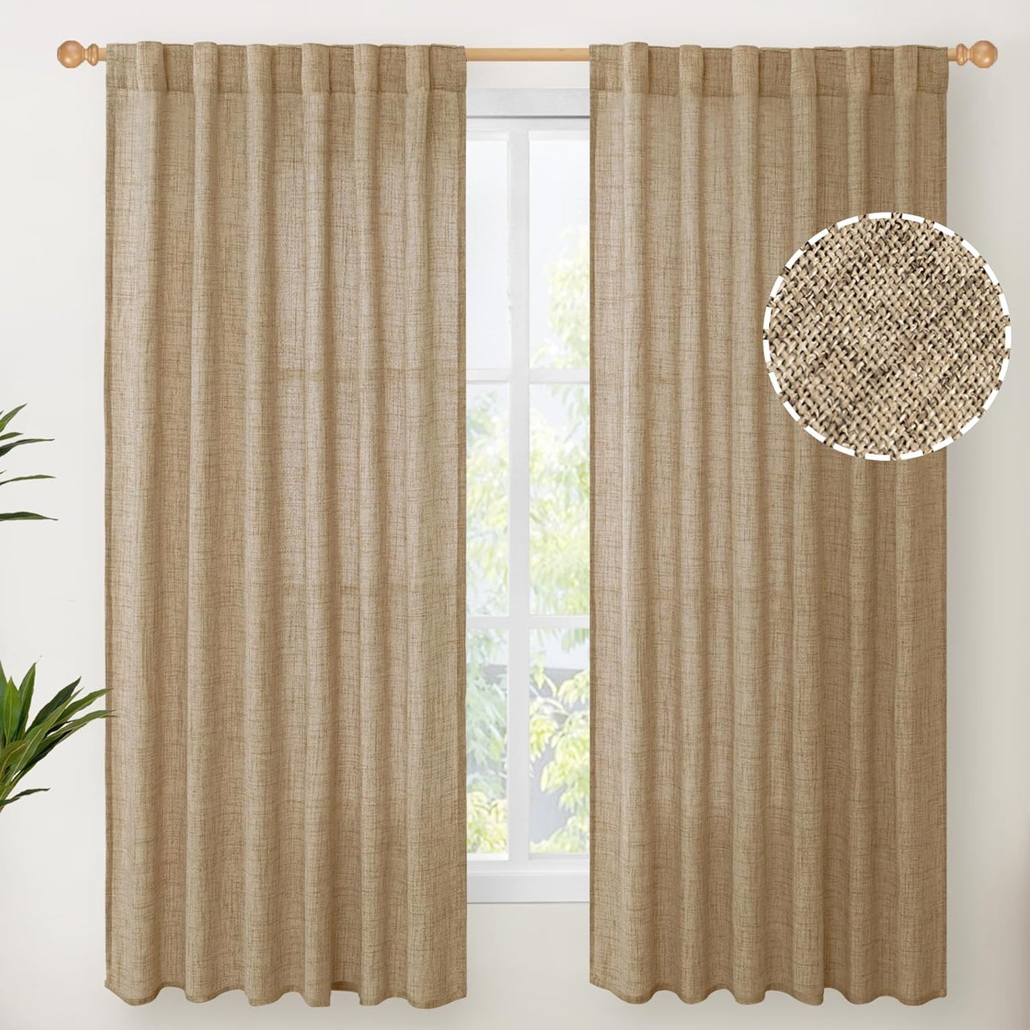 YoungsTex Burlap Linen Curtains 63 Inch Length for Living Room Window, Textured Semi Sheer Drapes Light Filtering with Rod Pocket Back Tab for Farmhouse Bedroom, Toffee, 52 X 63 Inch, 2 Panels