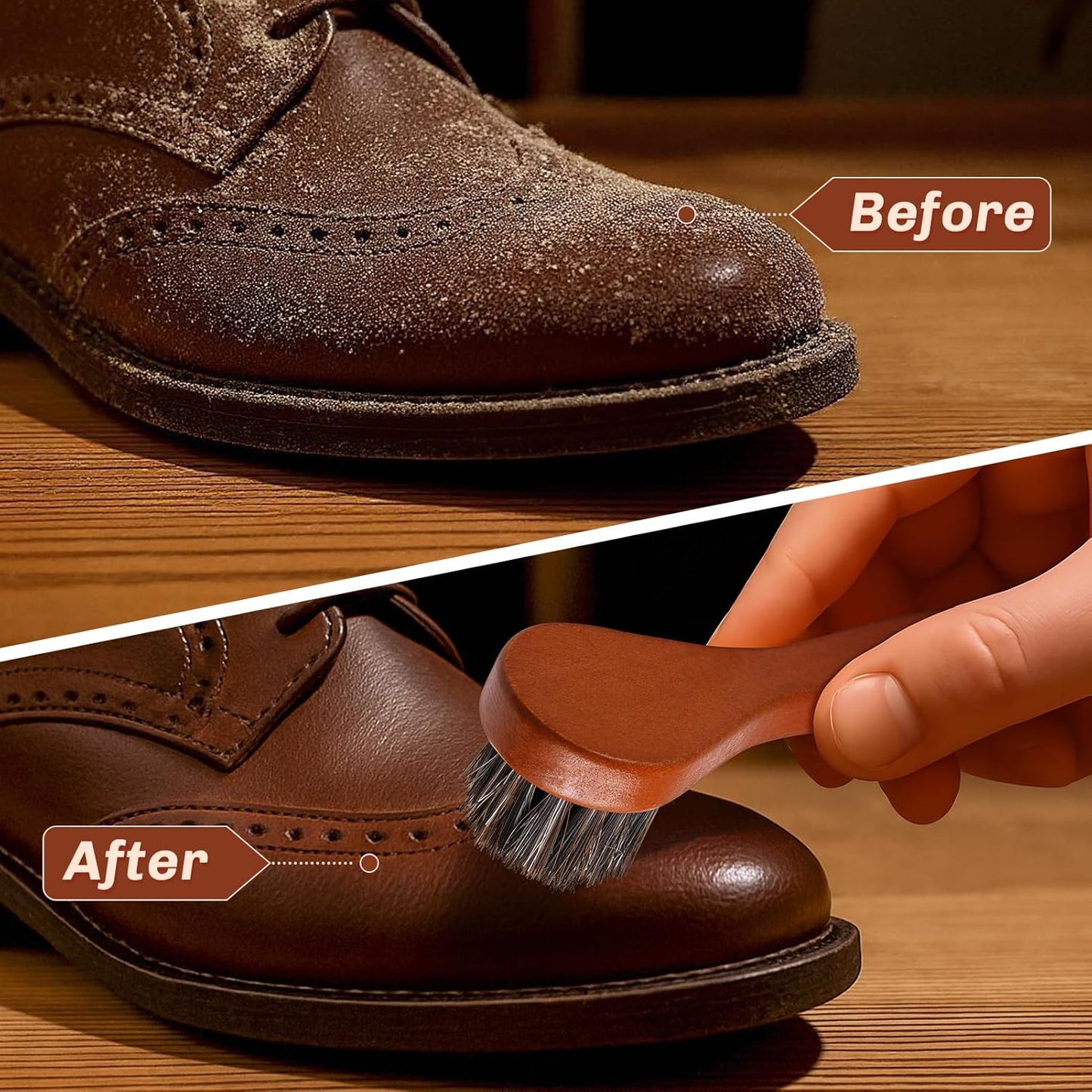 2 Pcs Horsehair Shine Shoes Brush Kit Polish Dauber Applicators Cleaning Leather Shoes Boots Care Brushes Suede Cleaner Brush(Brown Long Handle)