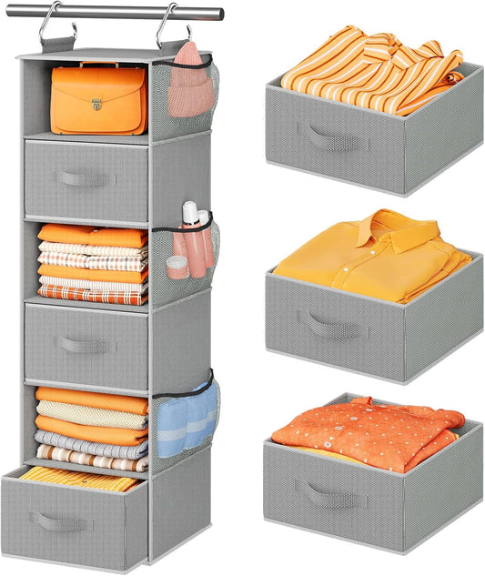 Pipishell Hanging Closet Organizer 6-Shelf, Hanging Shelves for Closet with 3 Removable Drawers & Side Pockets for Bedroom or Garment Rack, 12' x 12' x 43.3', Dark Gray