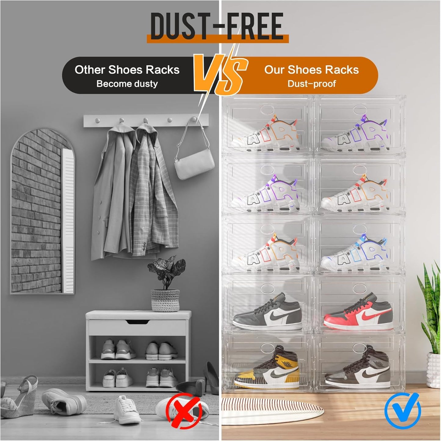 KEFA XL Shoe Storage Box Organizer, 8 Pack Shoe Boxes Clear Plastic Stackable, Sneaker Display Case Container Fit for US 13 (Side 8 PACK CLEAR)