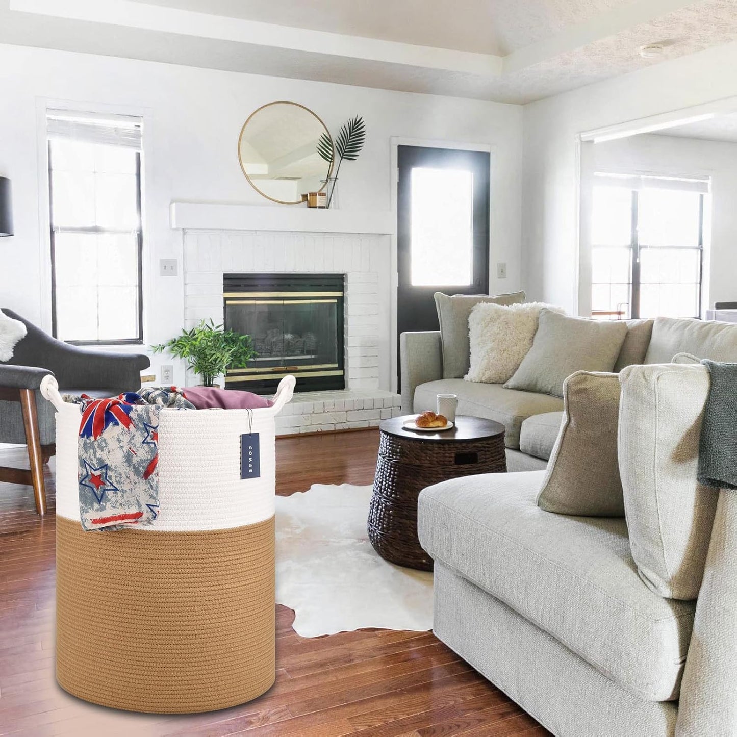 COMSE Extra Large Blanket Basket, Tall Woven Storage Basket, Nursery Hamper, 15.7”x 21.7”, Cotton Rope Laundry Hamper for Toys Clothes Towels, White/Camel