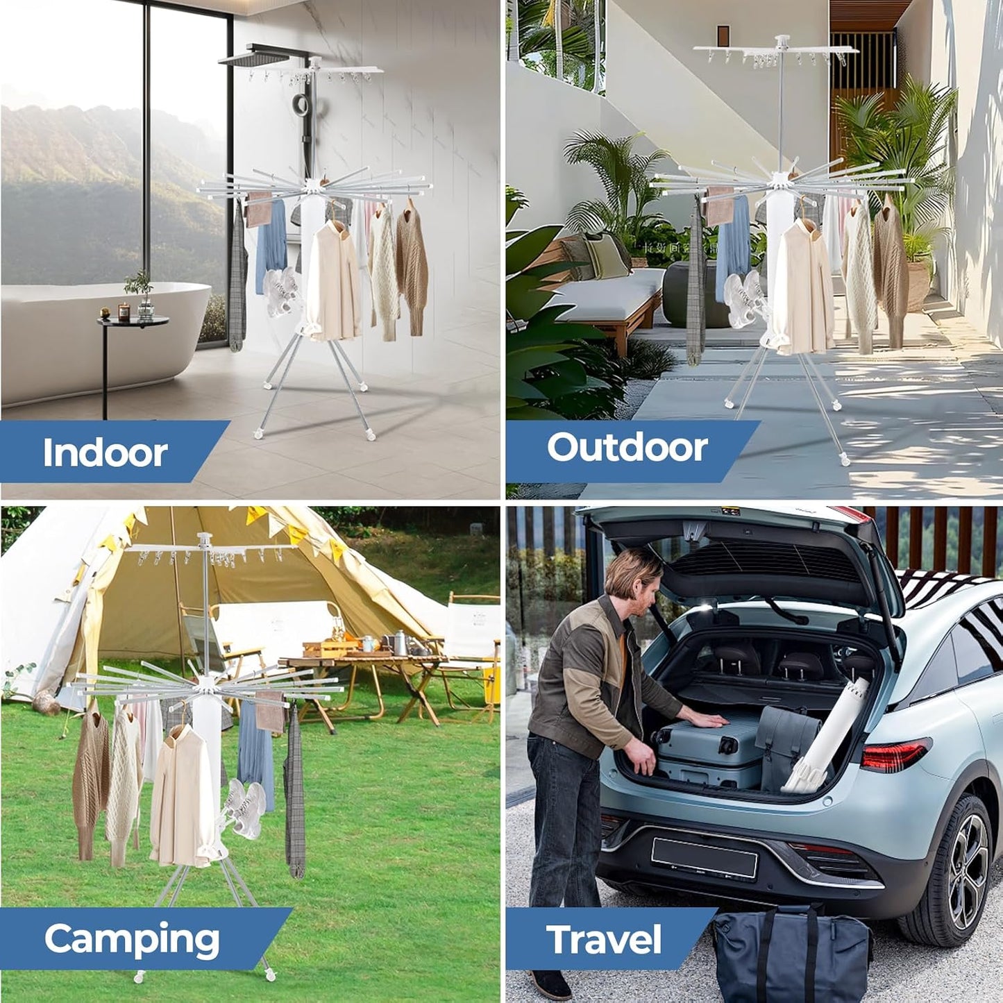 GCCSJ 3 Tier Portable Collapsible 4-Legged Clothes Drying Rack,Foldable Laundry Drying Rack with 4 Pulleys with and Shoe Holders for Indoor Outdoor Space Saving