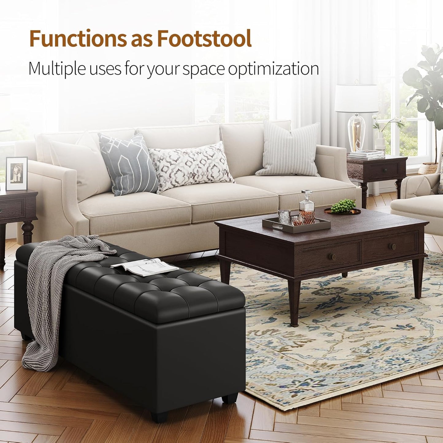 Ottoman with Storage 38 inches, Furniture End of Bed Storage Benches, Long Ottomans Bench with hinged lid, Bench seat Trunk for Foot Rest in Bedroom, Living Room (Black)