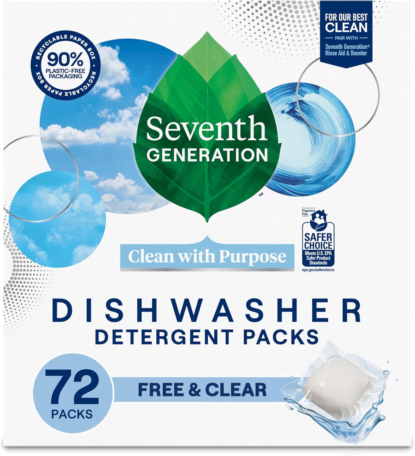 Seventh Generation Dishwasher Detergent Packs for sparkling dishes Free & Clear Dishwasher Tabs (72 Count)