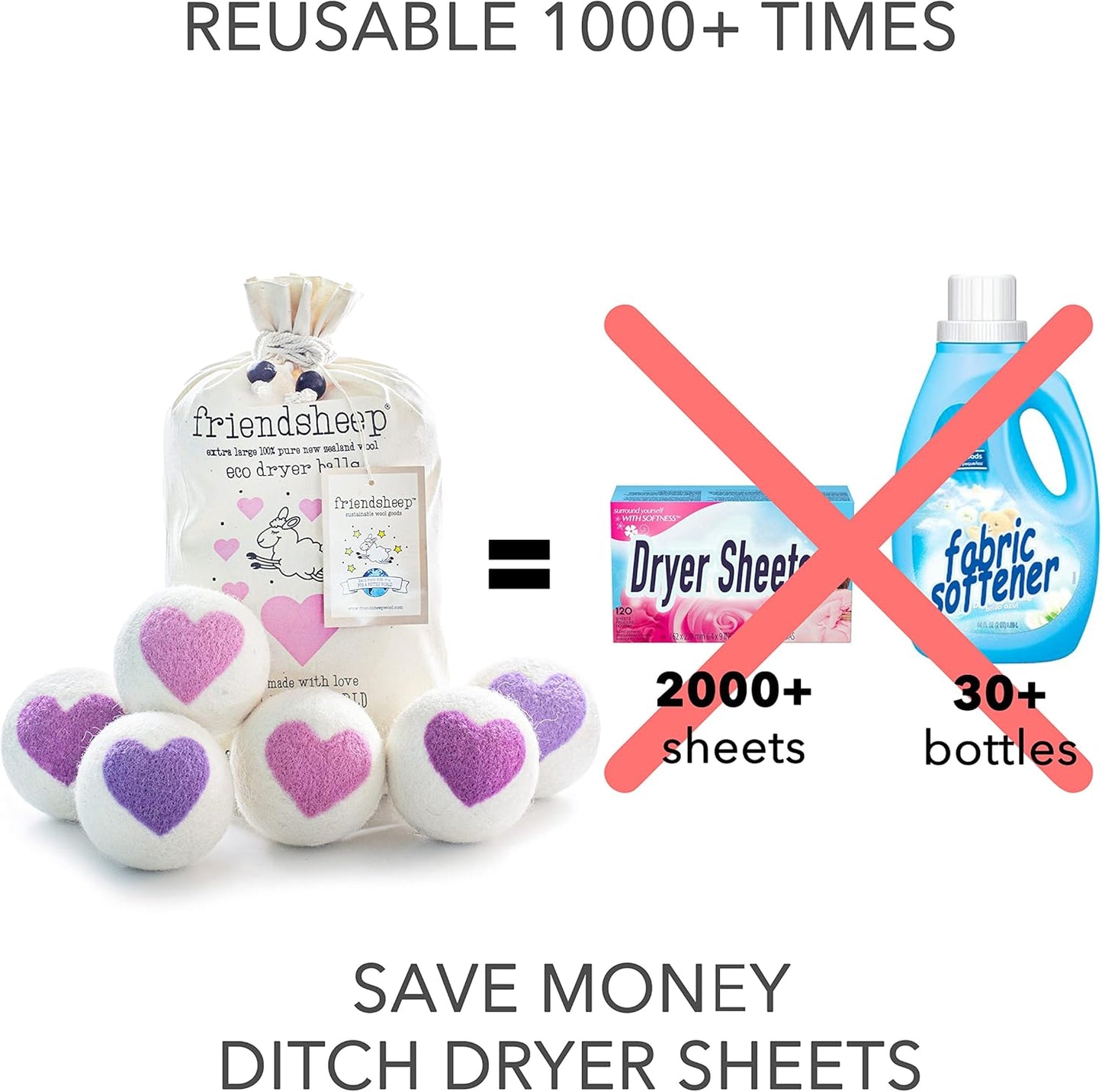Friendsheep Organic Wool Dryer Balls Pink Purple Hearts 6 Pack XL Premium Reusable Cruelty Free Handmade Fair Trade No Lint Fabric Softener - Lovely Day