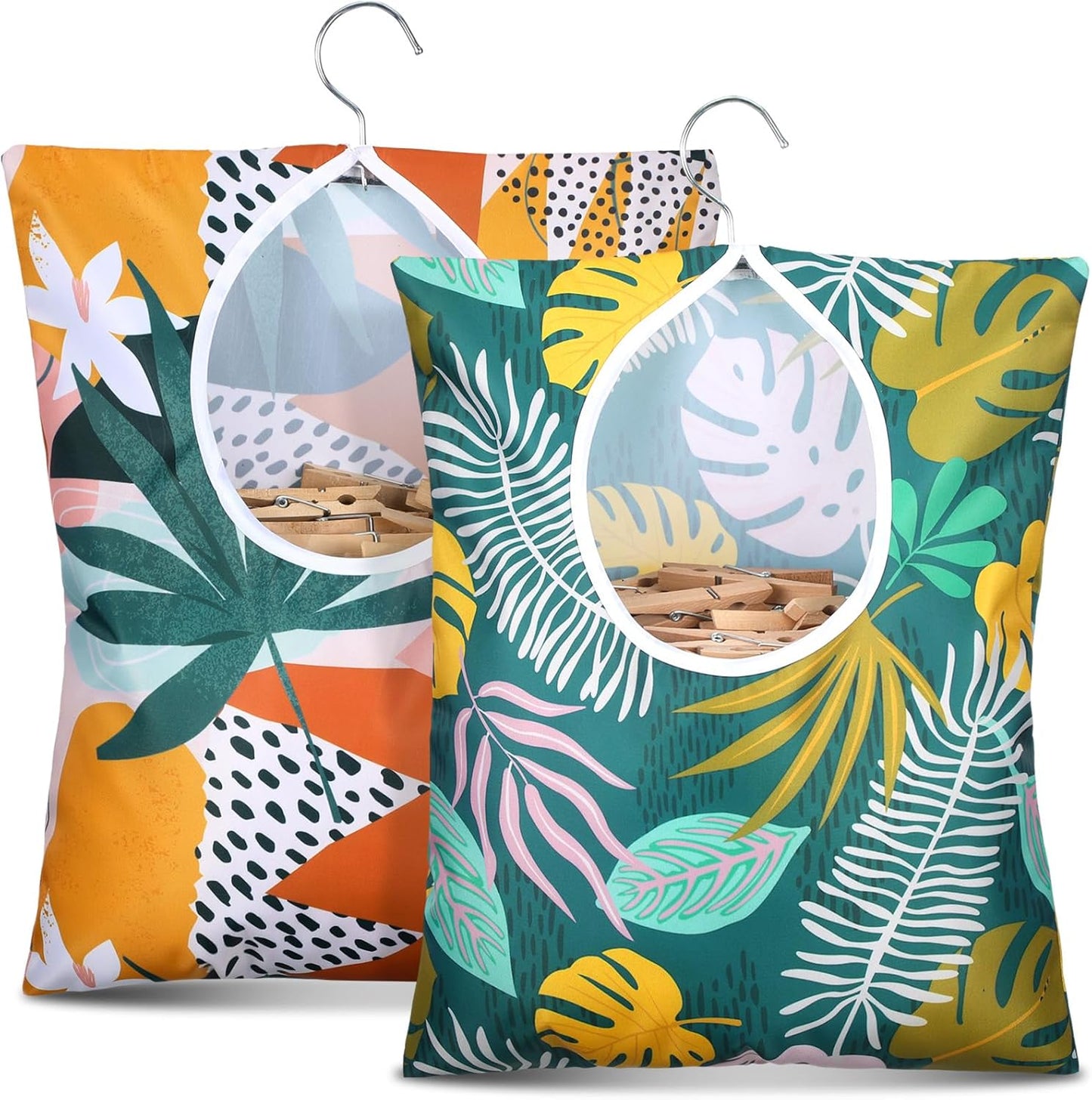 Woanger 2 Pcs Clothes Pin Bag Clothespin Holder 15 x 11 in to Hang on Line Clothes Pin Hanging Bag for Clothesline Outdoor Storage Organizer Basket with Large Opening(Leaves Style)