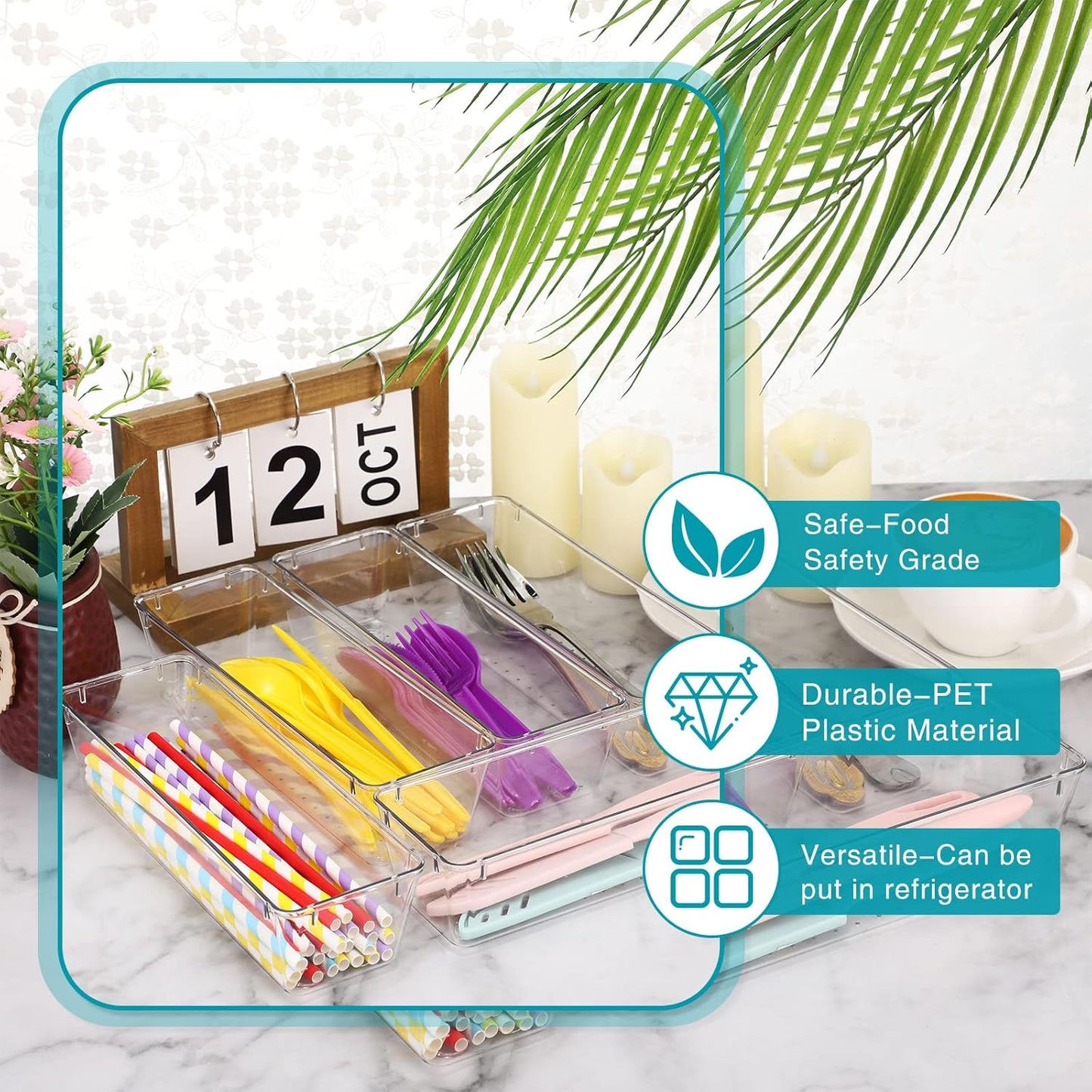 Maitys 12 Pcs Vanity Drawer Organizer 9 x 3 x 2 Inches Clear Plastic Utensil Organizers Kitchen Drawers Dividers for Office Desk Silverware Kitchen Utensils Cosmetics and Bathrooms(Clear)