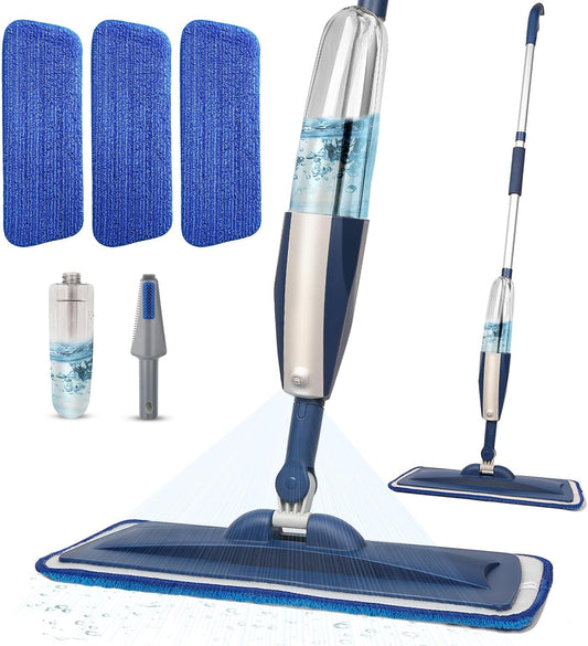 Spray Mops for Floor Cleaning Floor Mop with a Refillable Spray Bottle and 3 Washable Microfiber Pads Home or Commercial Use Dry Wet Flat Mop for Hardwood Laminate Wood (Dark Blue)