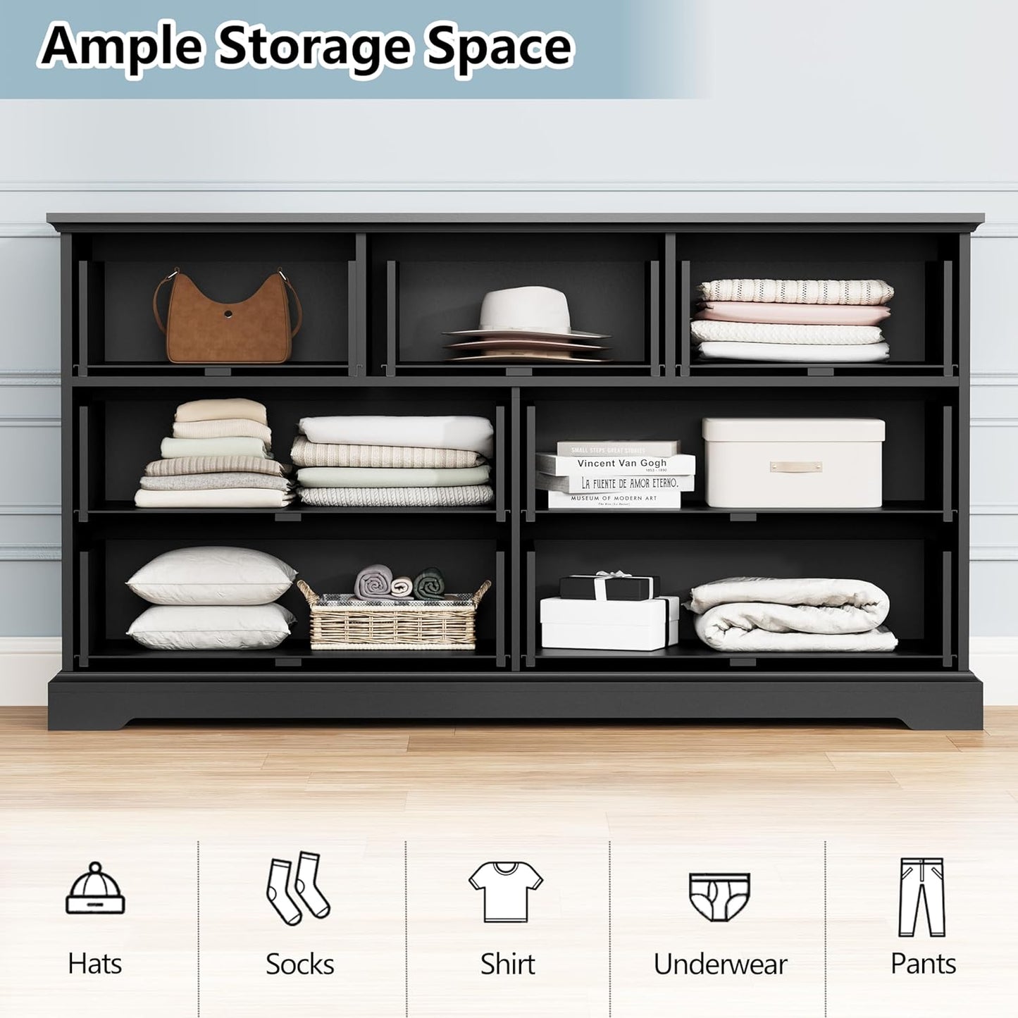 7 Drawer Dresser for Bedroom, 57" Wide Wooden Chest of Drawers, Rustic Farmhouse Dresser with Large Drawers & Metal Handles, Modern Storage Organizer for Closet, Living Room, Hallway, Black