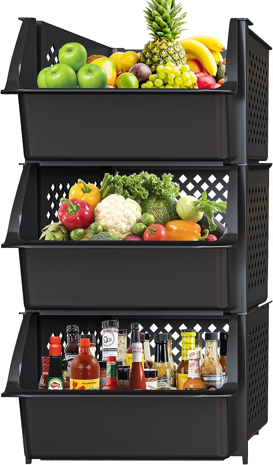 Skywin Plastic Stackable Storage Bins for Pantry - 3 Pack, Black Stackable Bins For Organizing Food, Kitchen, and Bathroom Essentials